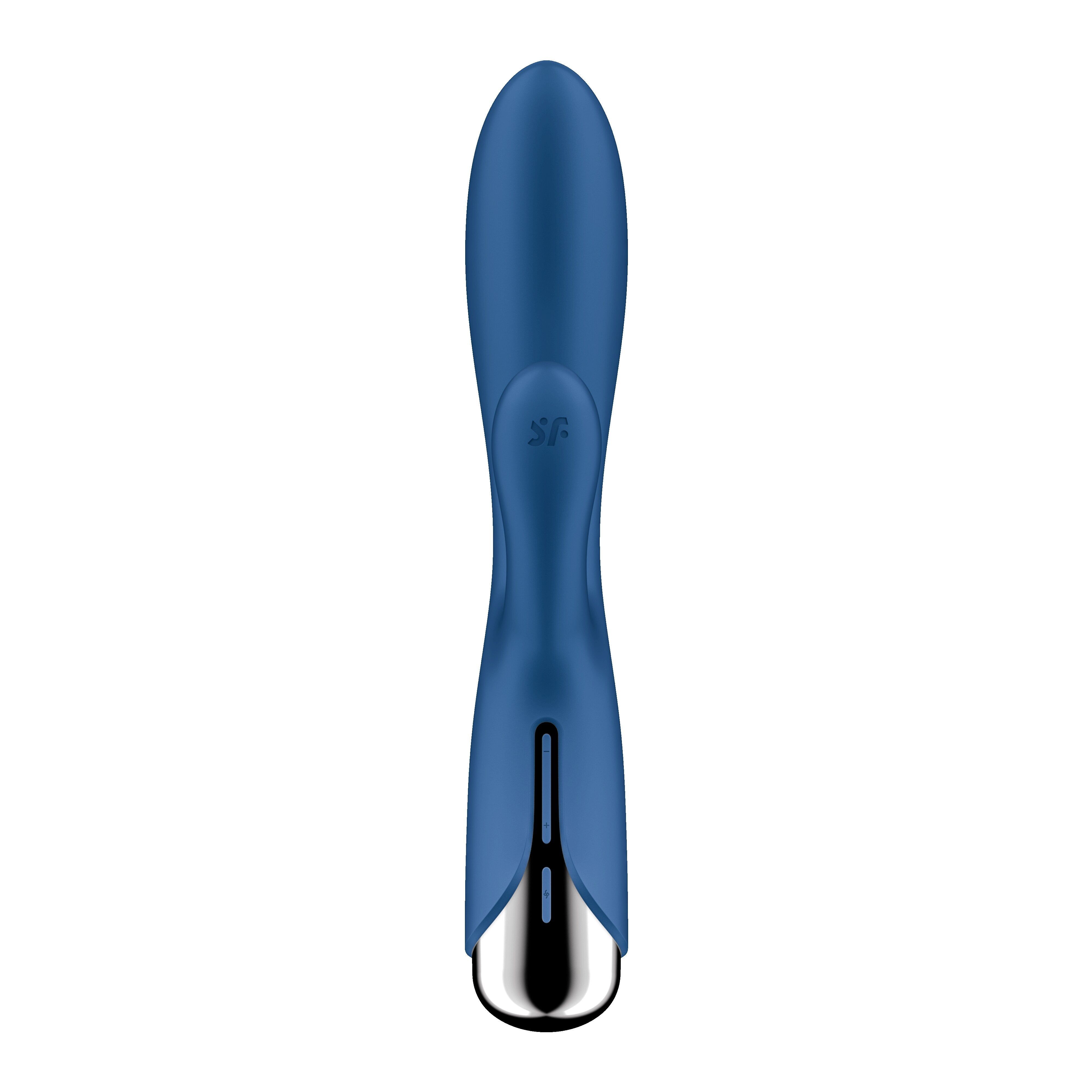 Blauer Vibrator mit länglicher Form und silberfarbenem Abschluss. SF-Logo.