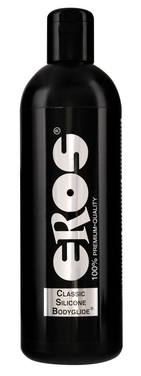 Schwarze Flasche mit weißem "EROS"-Logo und "Classic Silicone Bodyglide"-Aufschrift. "100% Premium Quality" steht ebenfalls auf der Flasche.