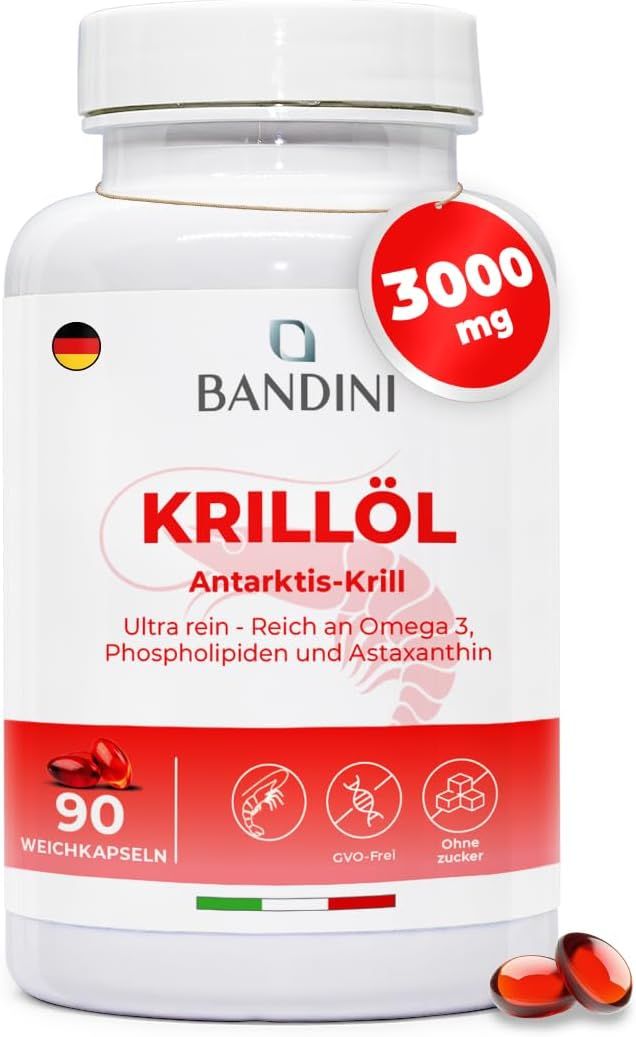 Weichkapseln-Dose mit Aufschrift Krillöl. Rote Kapseln daneben. Text: 90 Weichkapseln, 3000 mg.