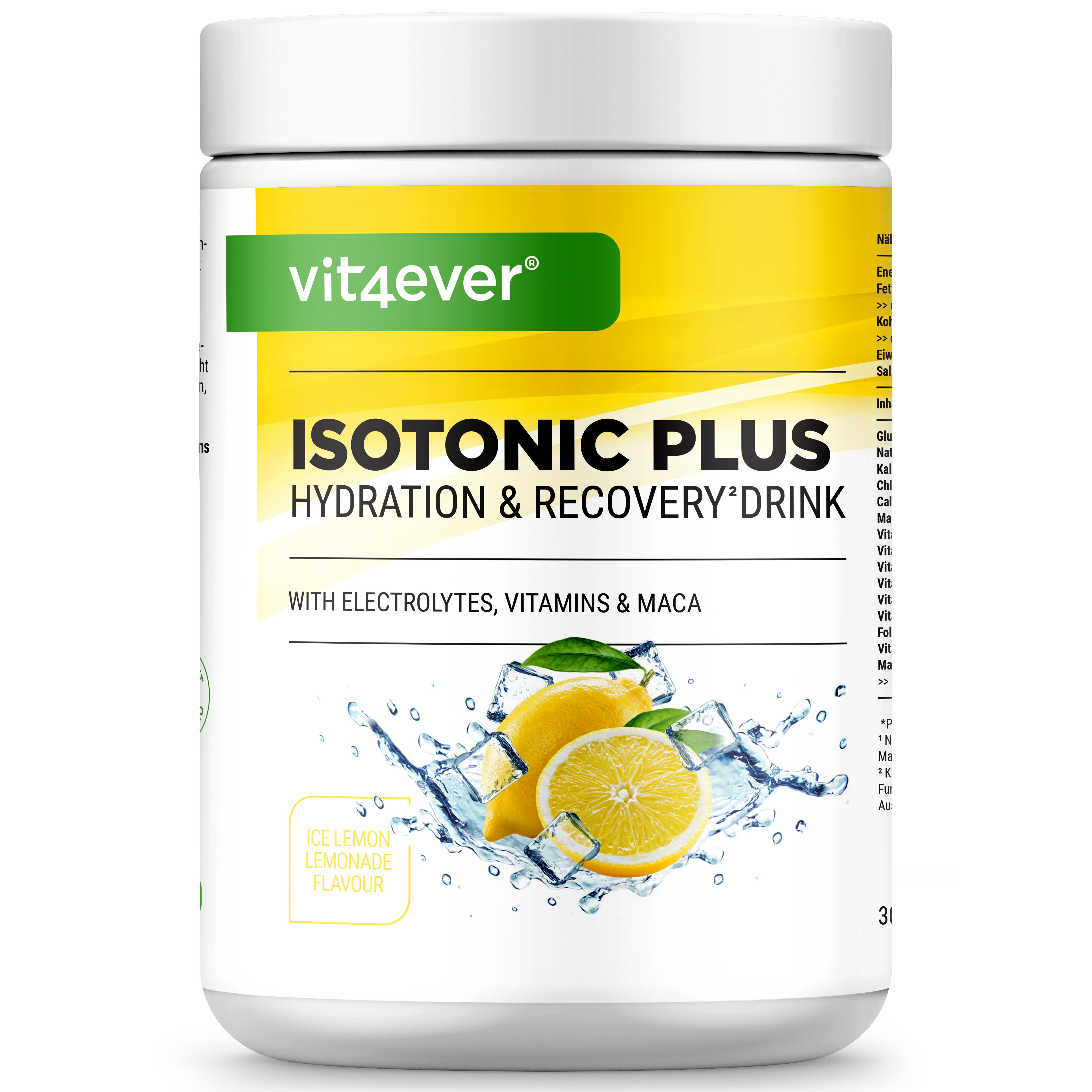 Weiße Dose mit grünem Deckel. Aufschrift: vit4ever, ISOTONIC PLUS, Hydration & Recovery Drink. Zitrone und Wasser-Illustration.