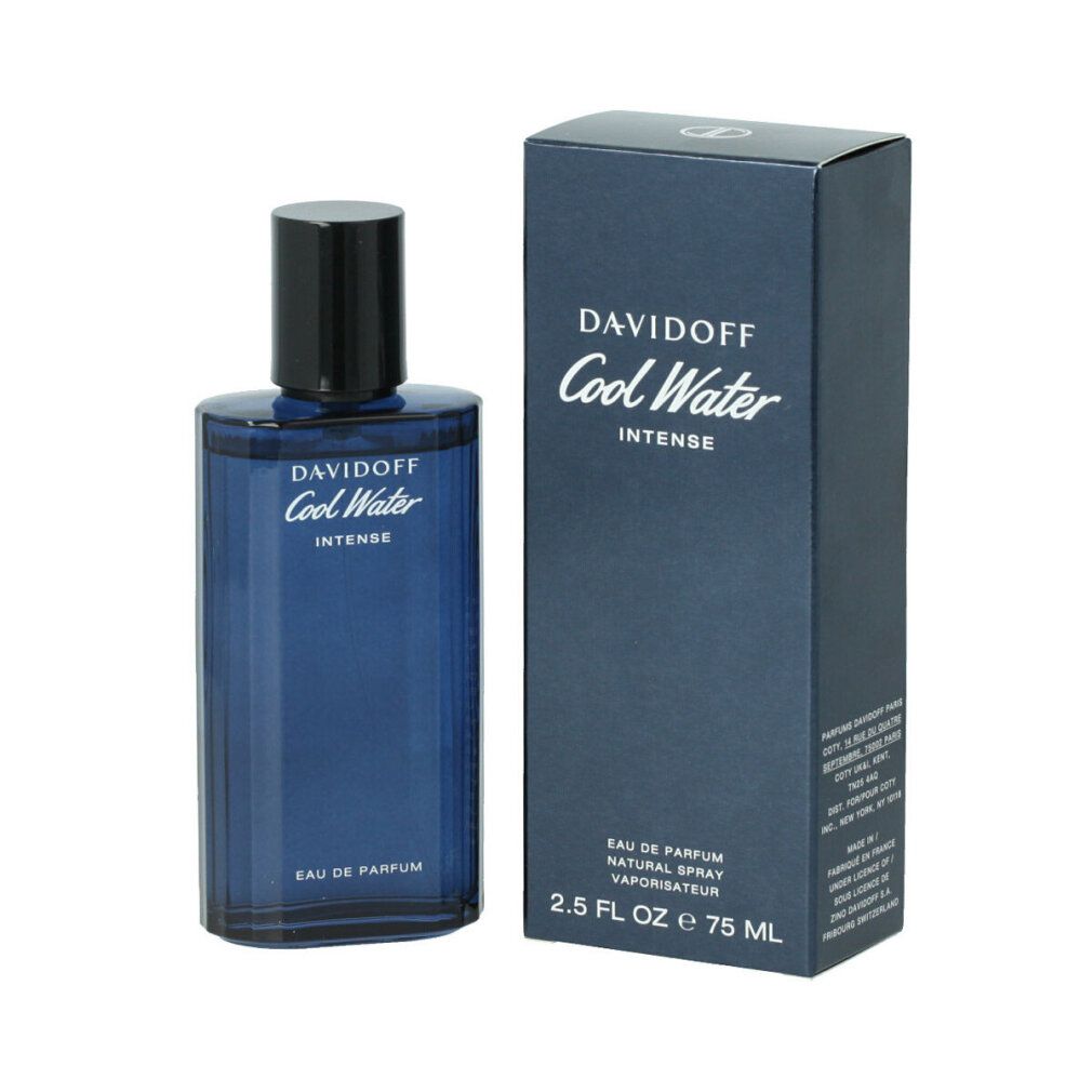 Davidoff Cool Water Intense Eau de Parfum Spray und Verpackung. Blaue Flasche und Schachtel. Produktname und Details sichtbar.