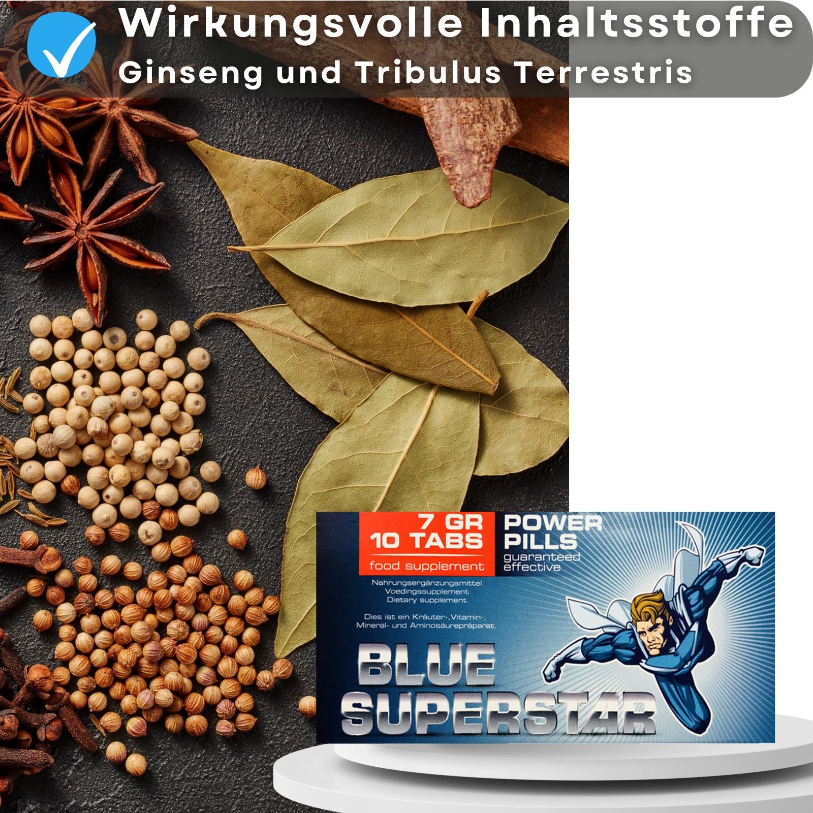 Produktverpackung und Blisterpackung mit Tabletten. Text: BLUE SUPERSTAR, 10 Tabs, 7 GR Power Pills.