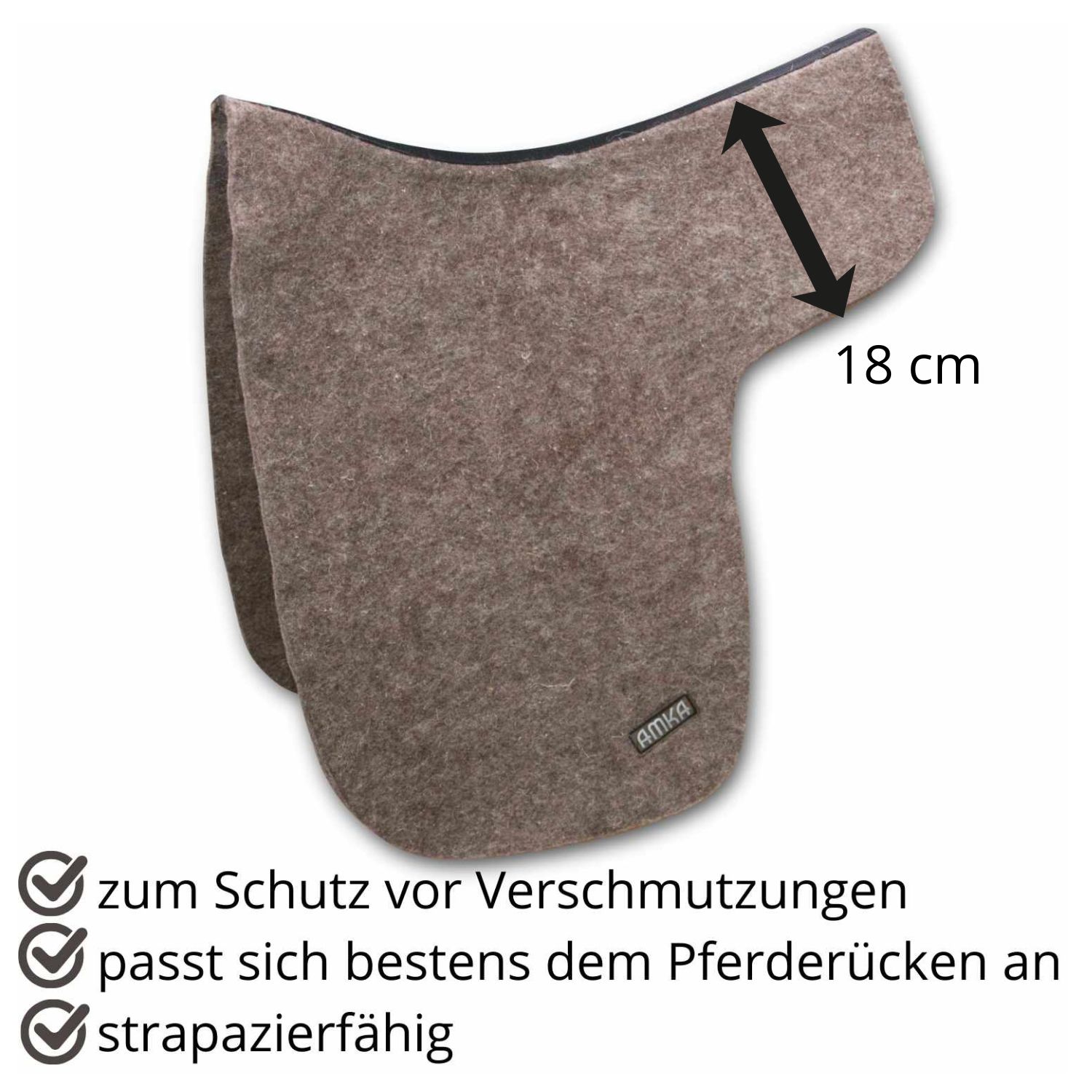 Braune Filz Unterdecke mit schwarzem Rand. Maße: 18 cm. Text: zum Schutz vor Verschmutzungen, passt sich dem Pferderücken an, strapazierfähig.