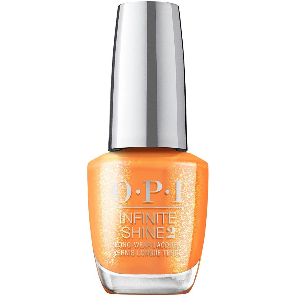 OPI Nagellacke Infinite Shine 2 Flasche. Orangefarbener Nagellack mit silbernem Deckel.