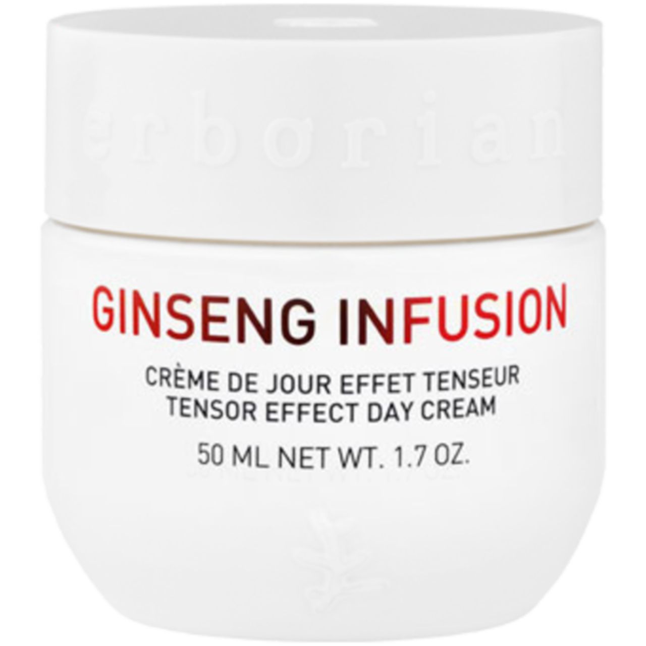 Weißer Tiegel mit roter Schrift. Aufschrift: Ginseng Infusion, Tensor Effect Day Cream. Marke Erborian.