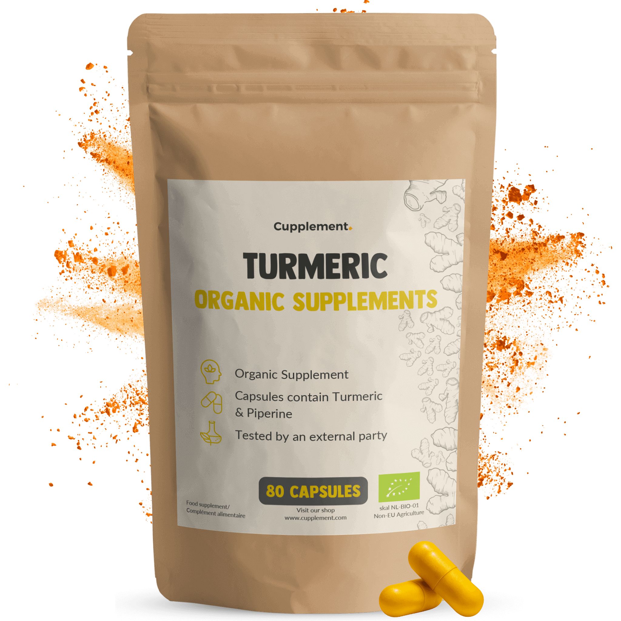 Beutel mit 80 Kapseln. Aufschrift: Turmeric Organic Supplements. Enthält Kurkuma und Piperin. Bio-Zertifizierung.