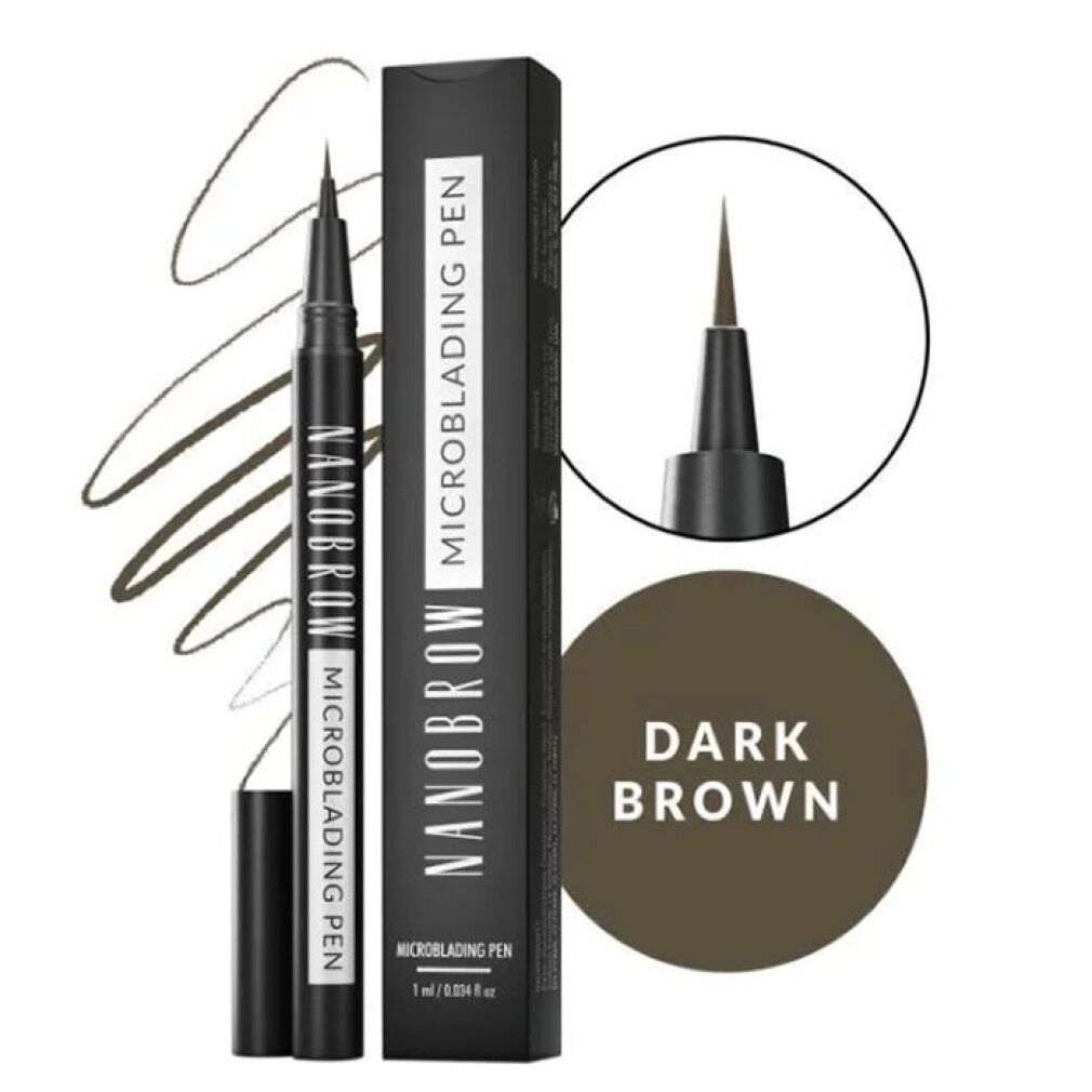 Stift, Verpackung und Farbmuster. Aufschrift: Nanobrow Microblading Pen. Farbe: Dark Brown.