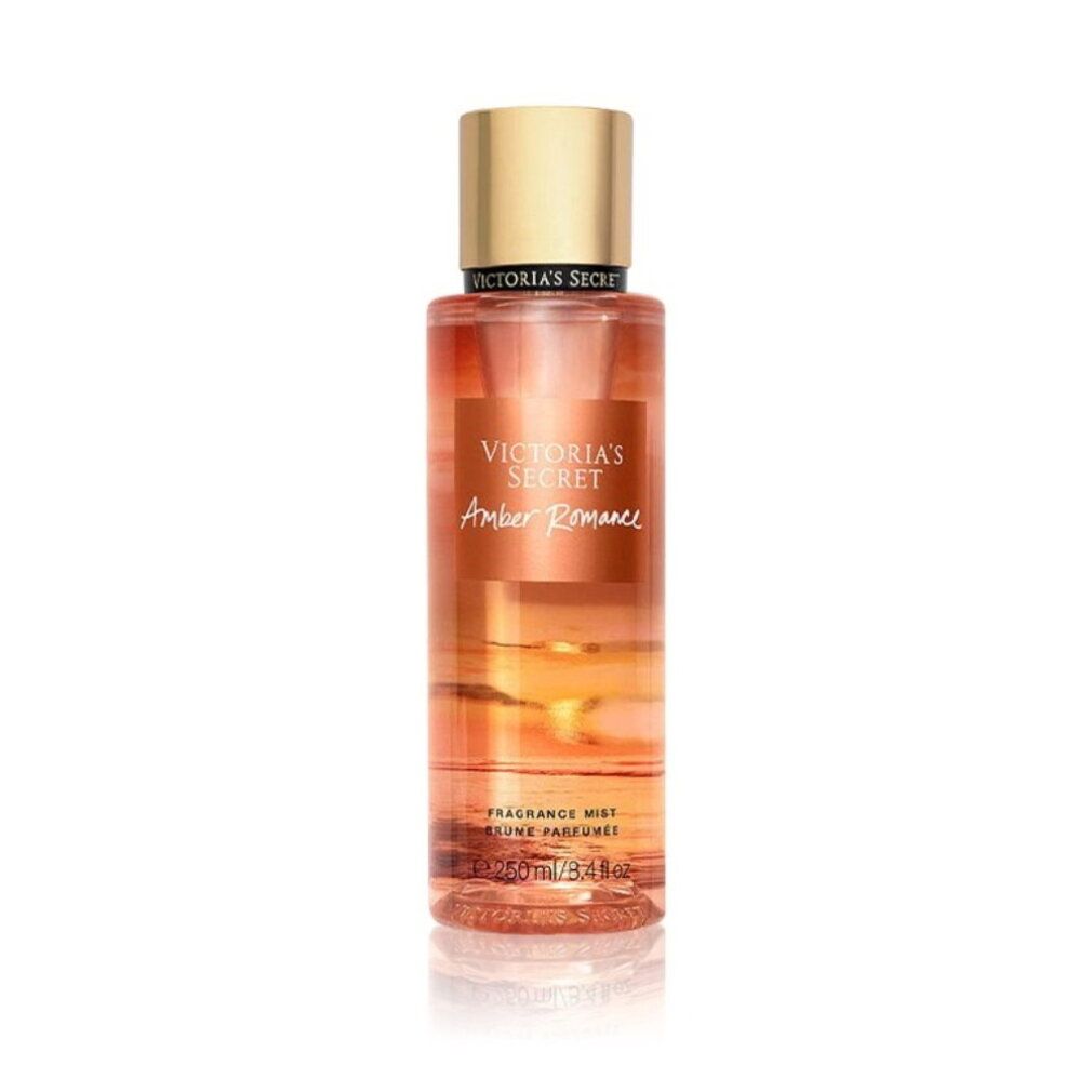 Victoria's Secret Amber Romance Duftnebel in klarer Flasche mit goldenem Verschluss.