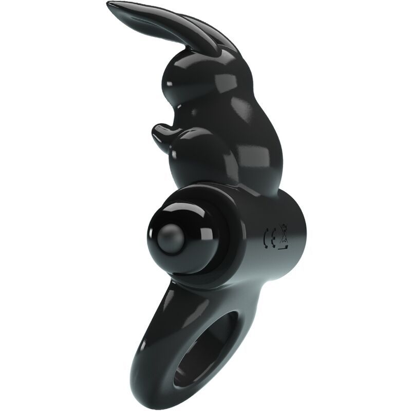 Schwarzer Penisring mit Vibrationsfunktion und Hasen-Design. Ringförmig mit einem Vibrationskopf und einem Hasen-Aufsatz.