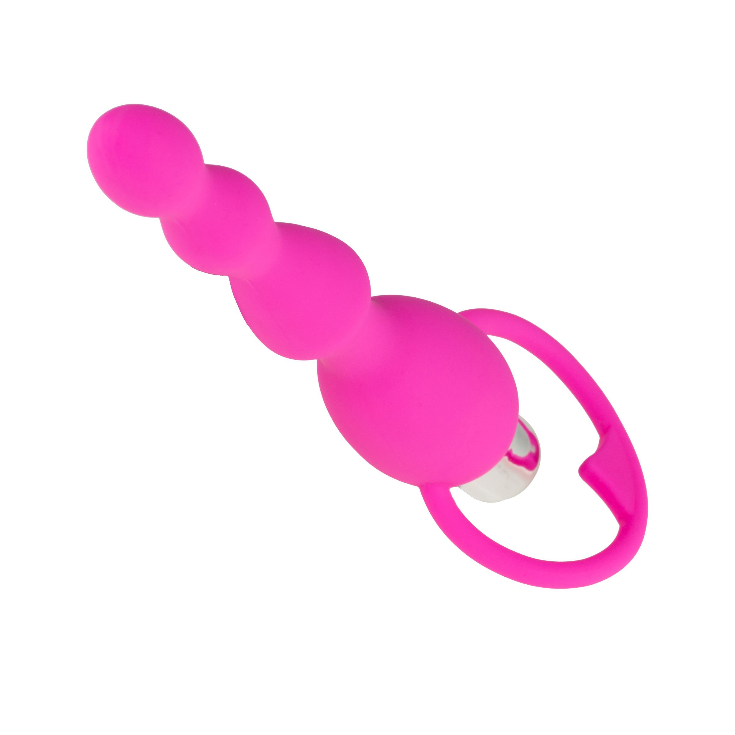 Rosa Vibrator mit kugelförmigem Schaft und herzförmigem Griff. Oberteil mit silberfarbenem Element.