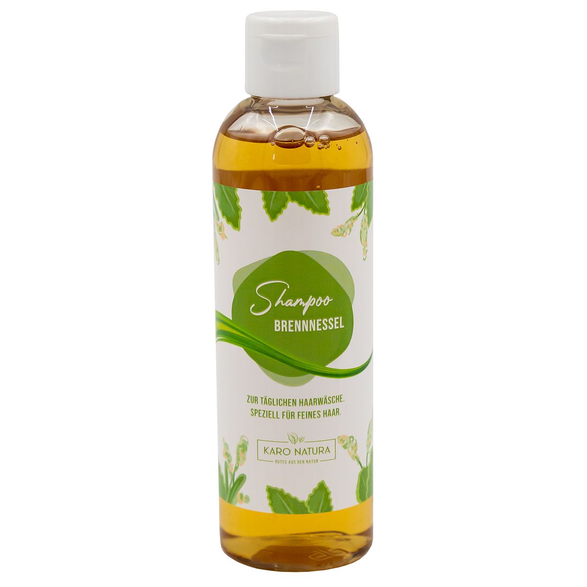 Shampoo-Flasche mit weißem Deckel. Etikett mit grünem Logo und Schriftzug 'Brennnessel'.
