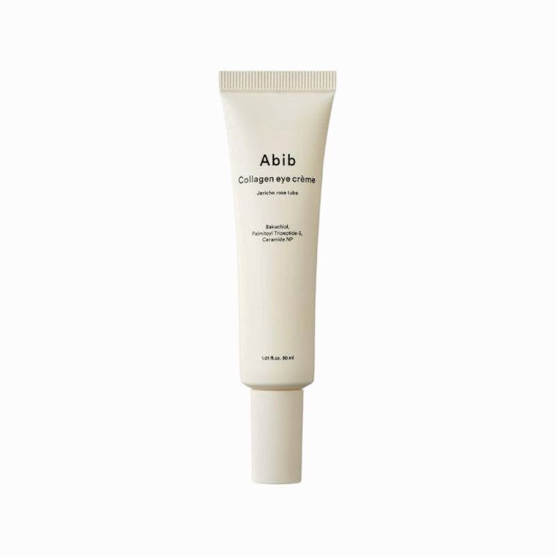 Creme-Tube, hellbeige. Aufschrift: Abib Collagen eye crème. Inhaltsstoffe: Bakuchiol, Palmitoyl Tripeptide-5, Ceramide NP. 30 ml.