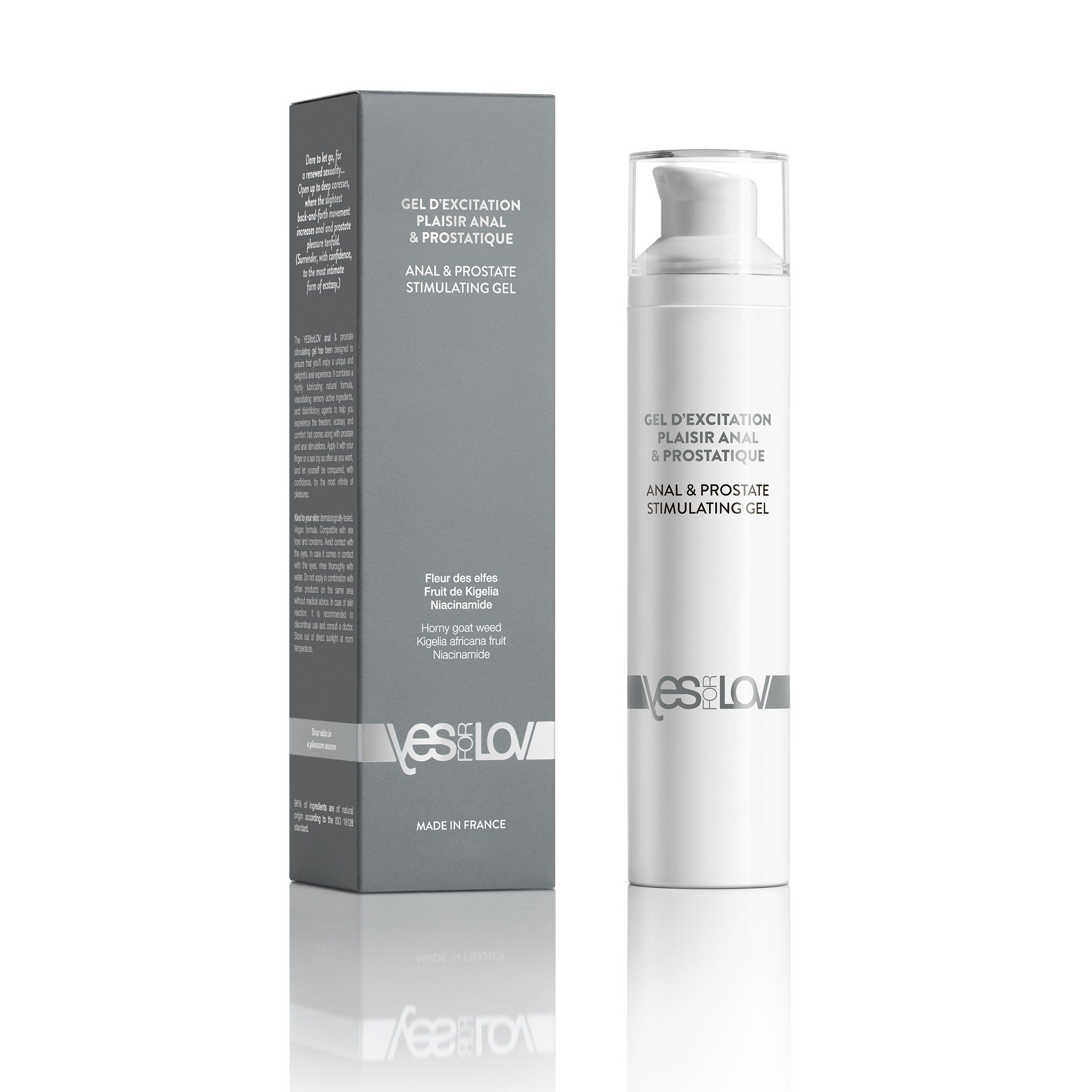Zylindrische Flasche und Schachtel. Aufschrift: GEL D'EXCITATION, ANAL & PROSTATIQUE, YESforLOV. Made in France.
