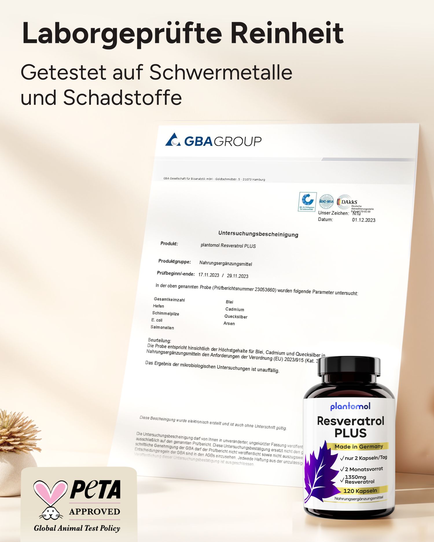 Laborgeprüfte Reinheit. Zertifikat mit plantomol Resveratrol PLUS Flasche. PETA-Logo.