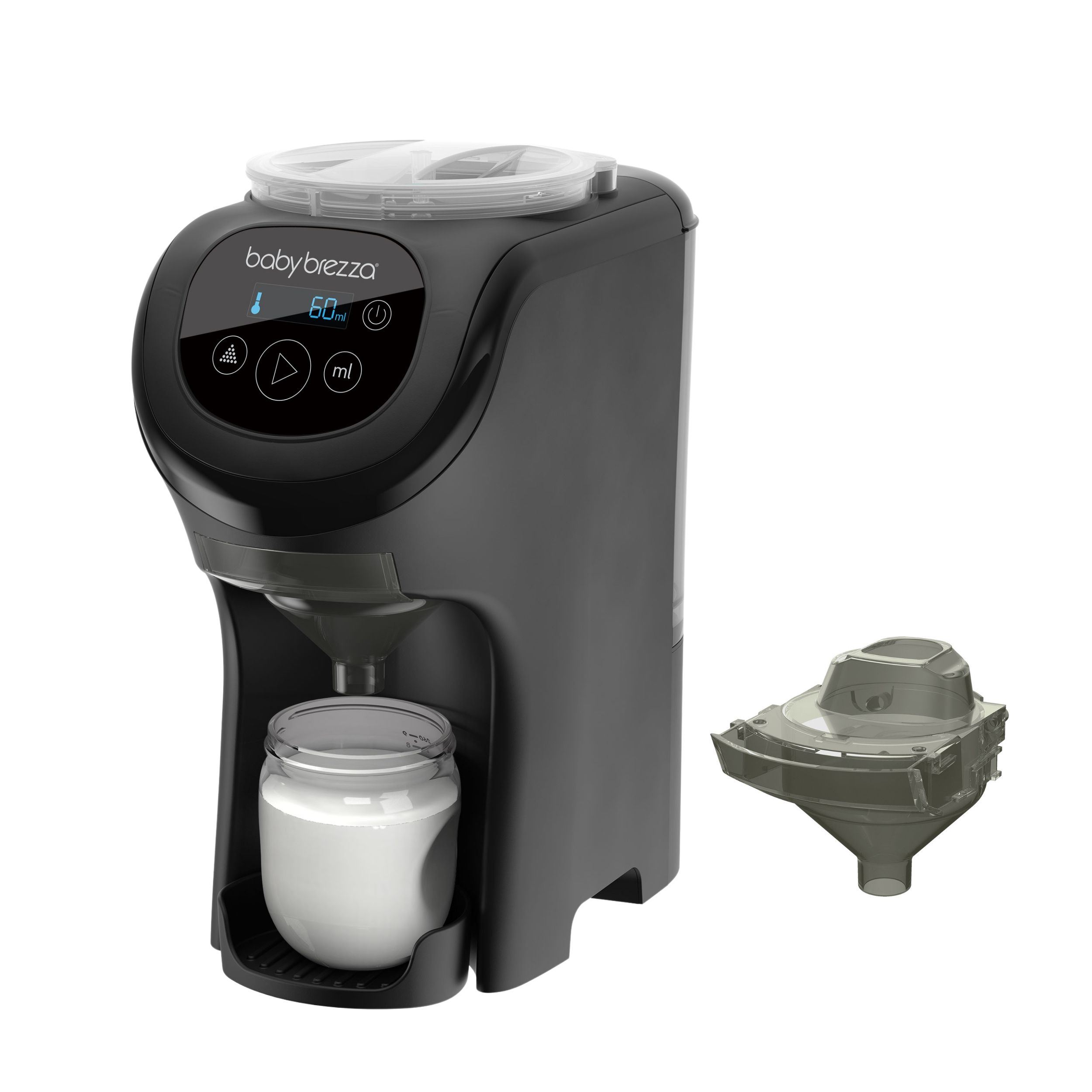 Baby Brezza Formel-Zubereiter mit digitalem Display und Zubehör.