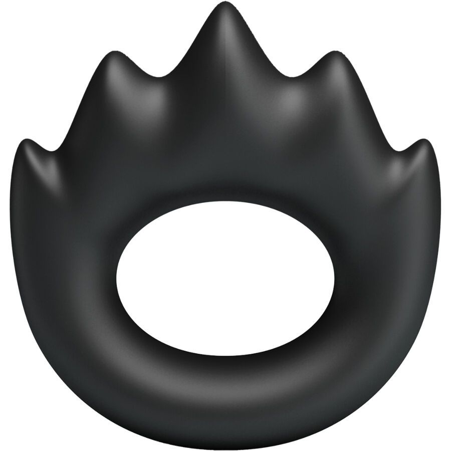 Schwarzer Silikon-Penisring mit gezackter Oberseite und ovaler Öffnung. Das Produkt ist freigestellt.