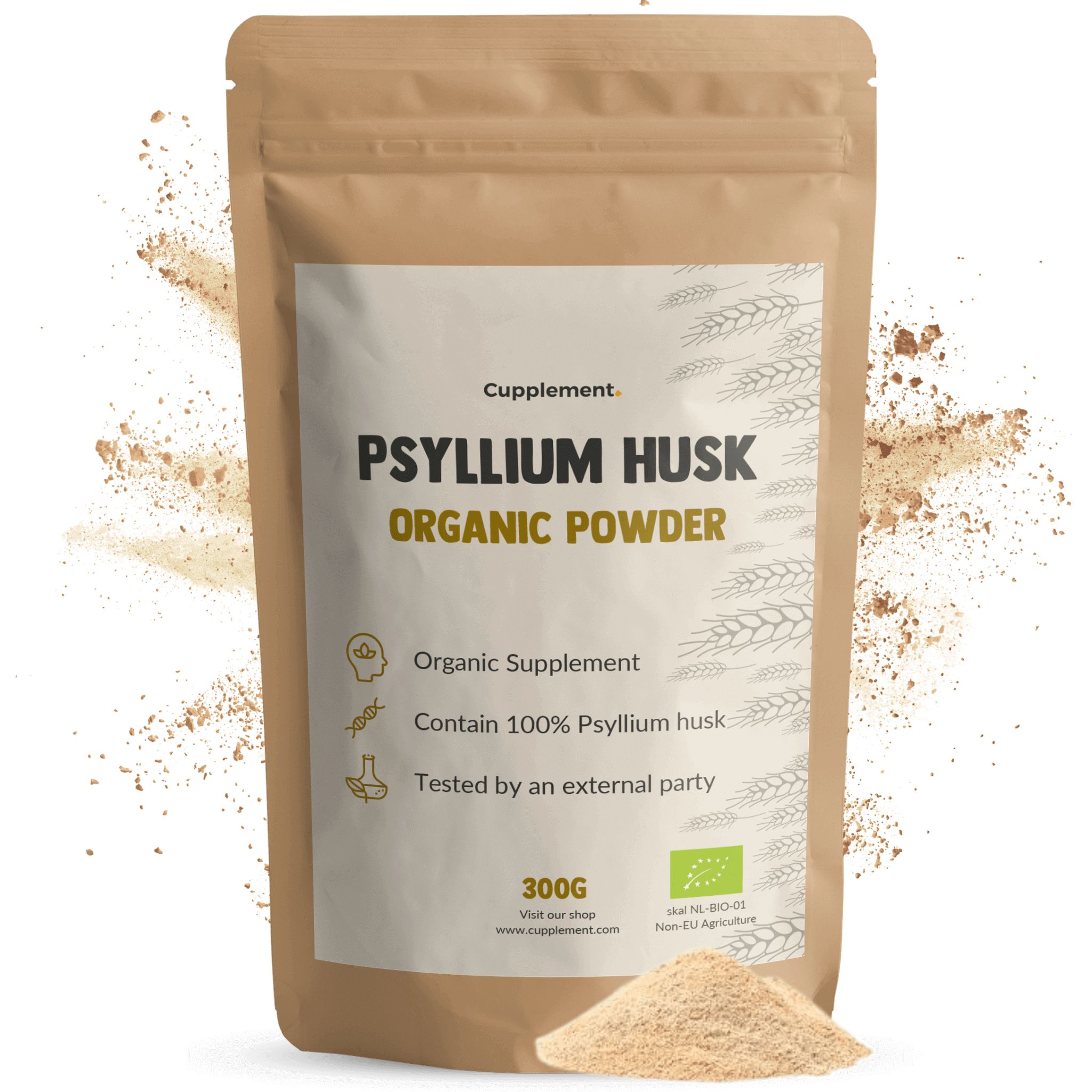 Beutel mit Psyllium Husk Organic Powder. 300g, BIO-Zertifizierung. Pulver daneben.
