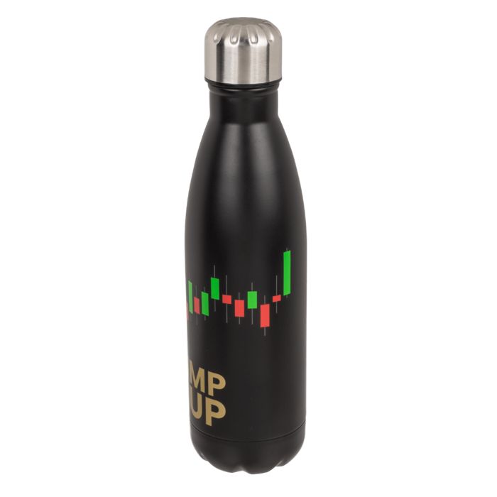 Schwarze Trinkflasche mit silbernem Deckel. Aufdruck: Diagramm, goldener Schriftzug "PUMP IT UP".