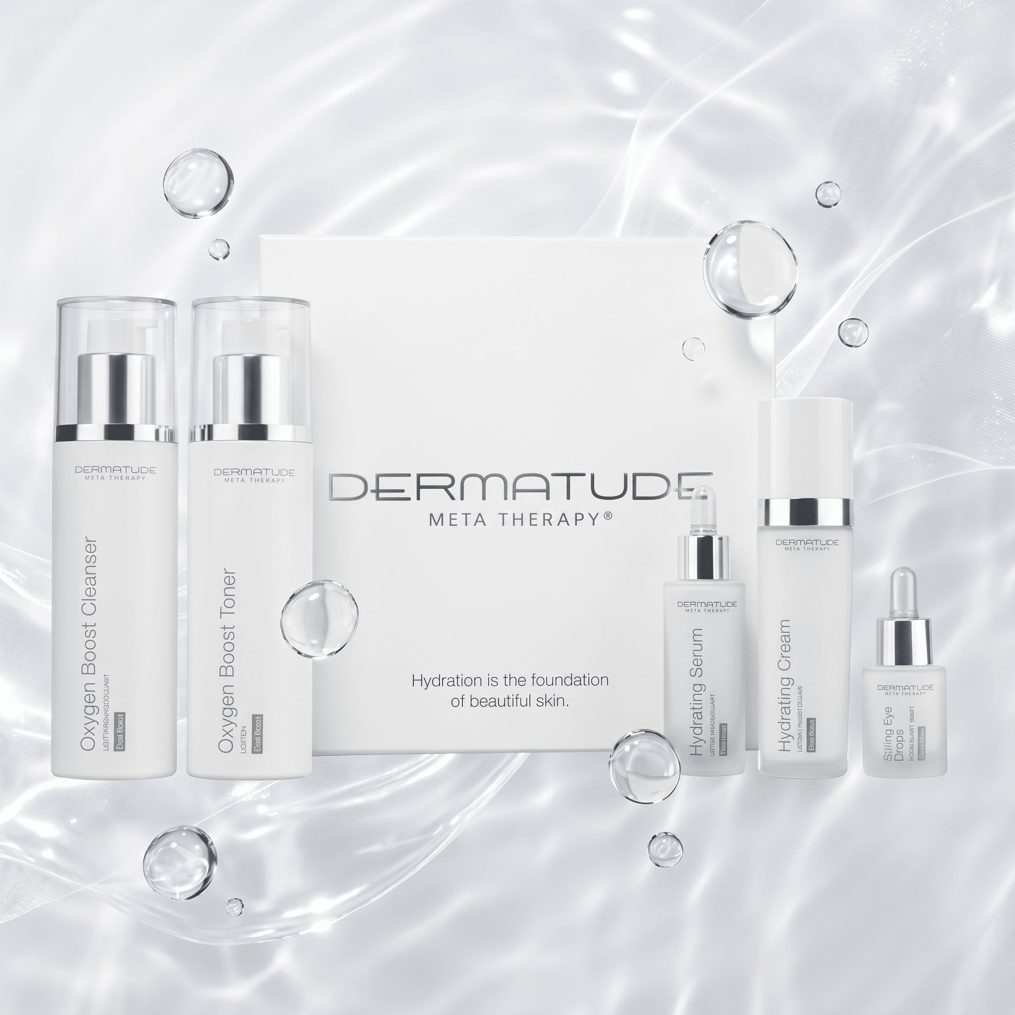 Dermatude Hydrating Skincare Set: Pumpspender und Pipettenflaschen vor einer weißen Box mit Text, umgeben von Wasserblasen.
