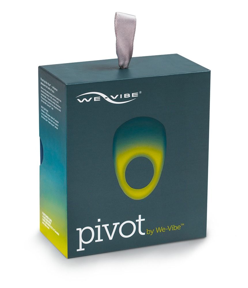 Verpackung von We-Vibe Pivot. Rechteckige Schachtel, dunkelgrün mit gelb-blauem Ring-Design. Marke und Produktname sichtbar.