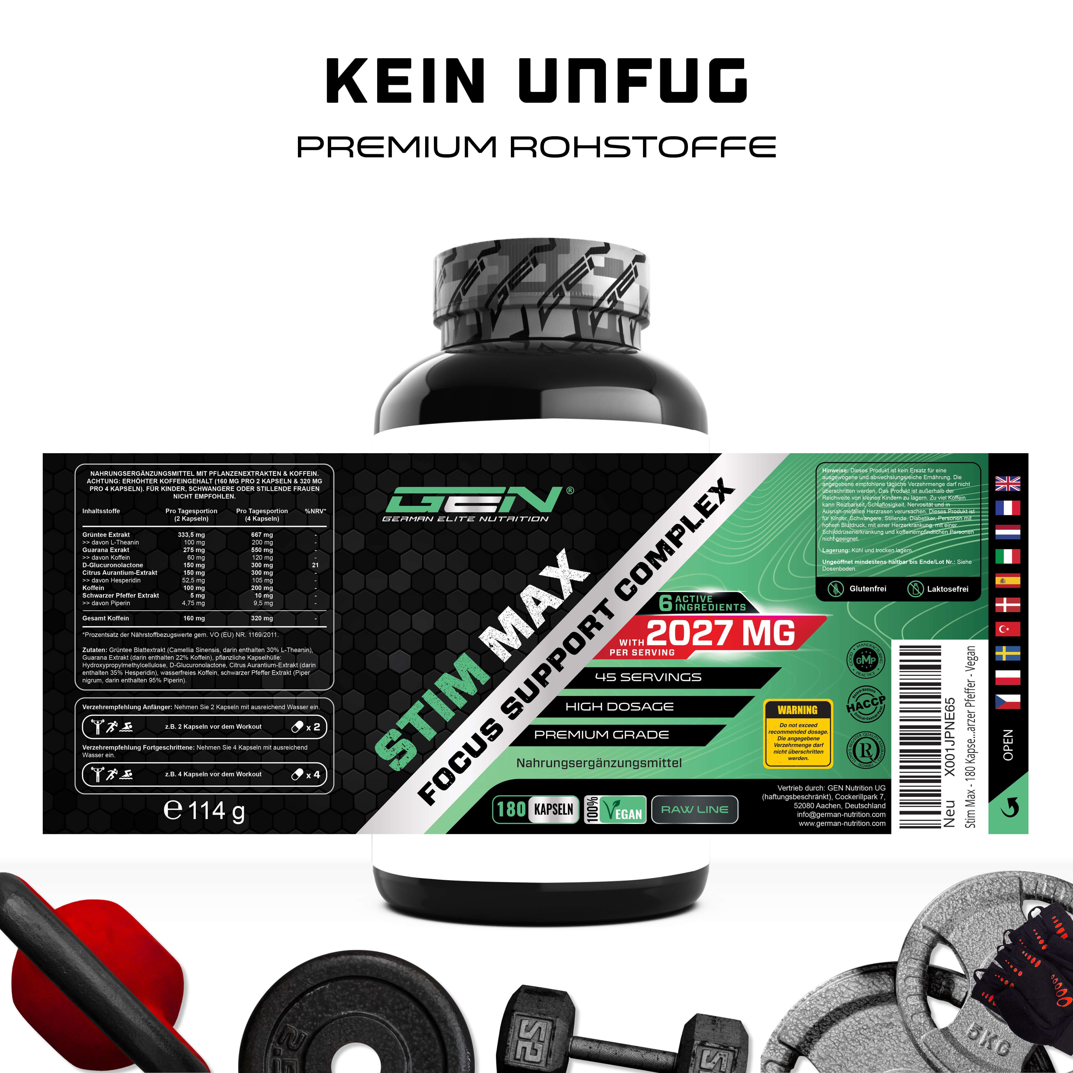 Flasche mit Etikett: STIM MAX FOCUS SUPPORT COMPLEX, 180 Kapseln, 6 aktive Inhaltsstoffe, 2027 mg, vegan.