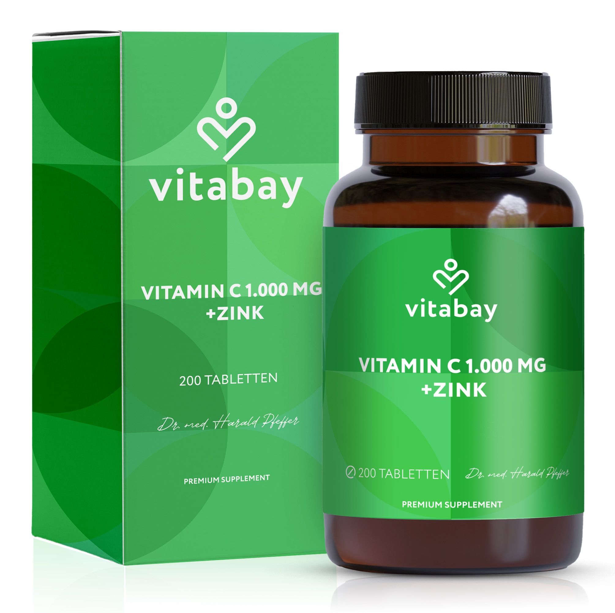 Vitabay Vitamin C 1.000 mg + Zink, 200 Tabletten, in Flasche und Verpackung. Grüner Hintergrund.