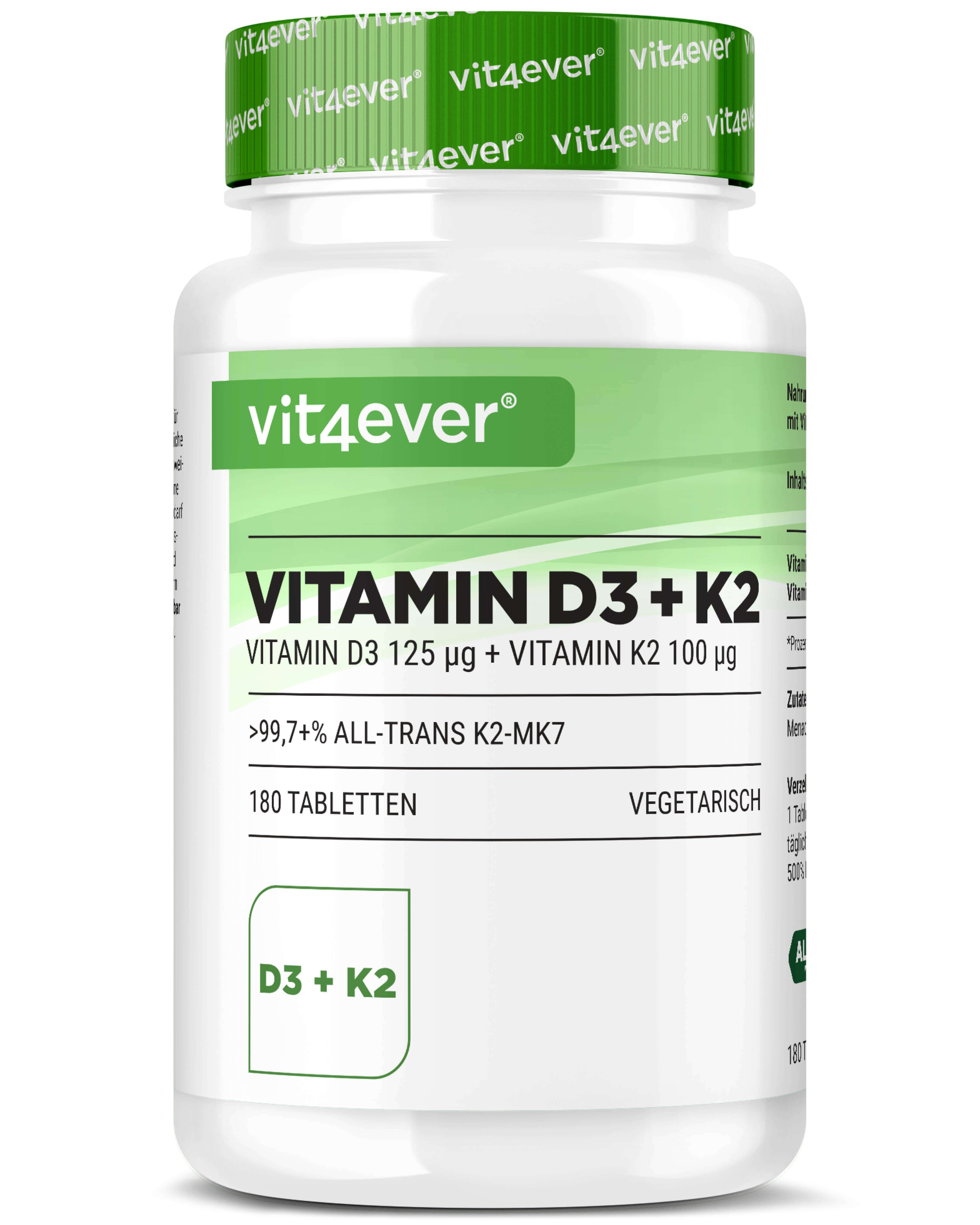 Weiße Flasche mit grünem Deckel. Aufschrift: vit4ever, Vitamin D3 + K2, 180 Tabletten, vegetarisch.