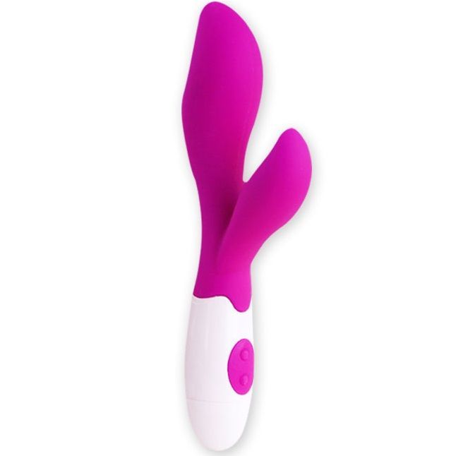 Lila und weißer Vibrator mit zwei flexiblen Stimulatoren und zwei Knöpfen am Griff.
