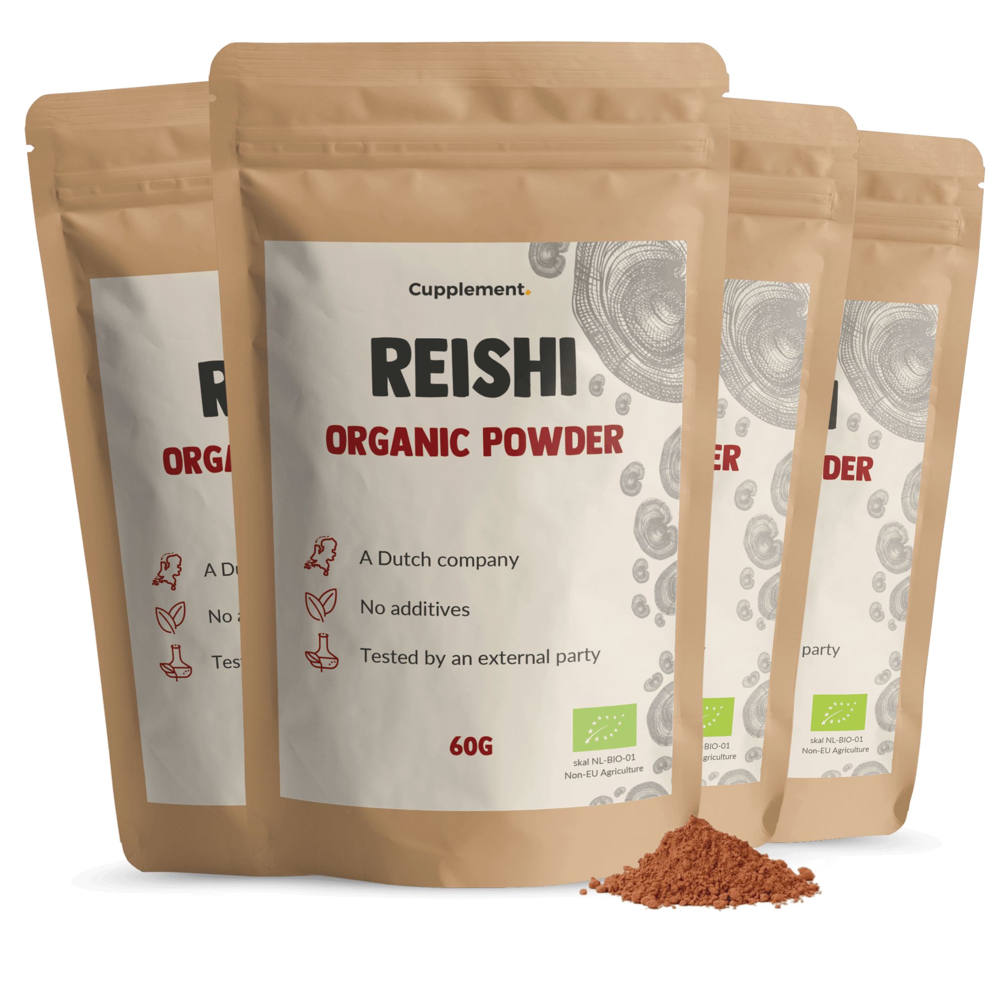 Mehrere Beutel Reishi-Pulver. Aufdruck: Reishi Organic Powder, 60g. Zertifizierung. Braune Pulver auf dem Boden.