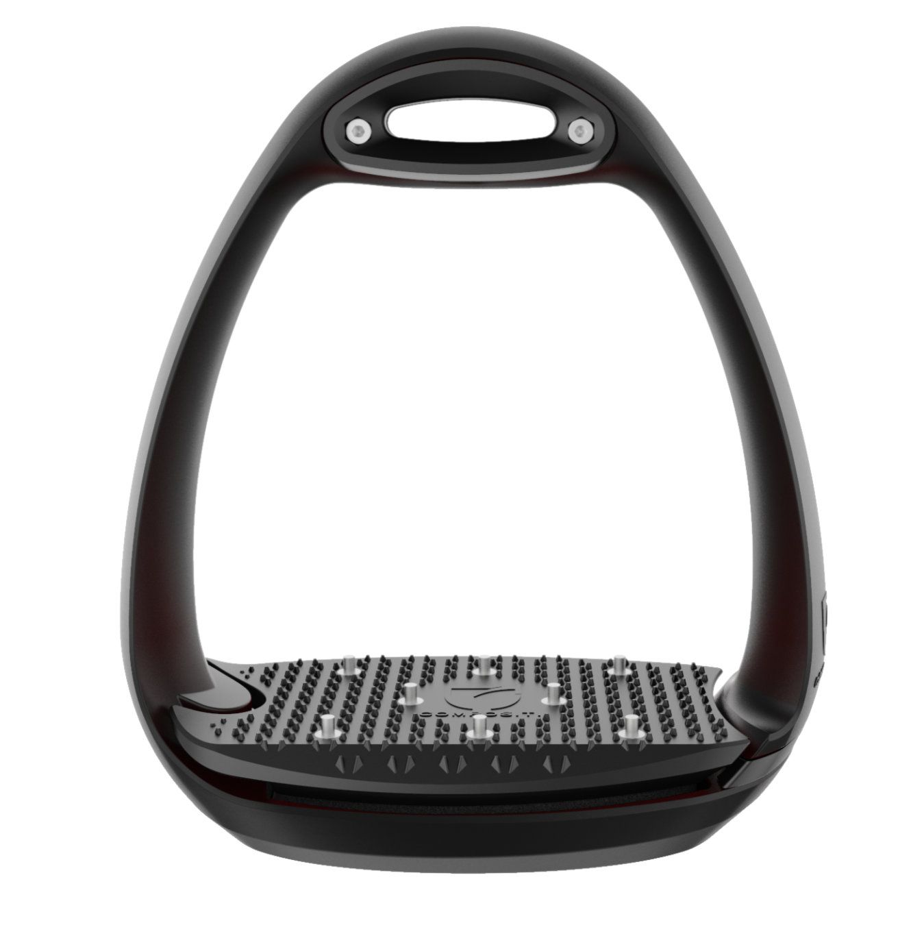 Schwarzer Steigbügel. Ovaler Rahmen, geriffelte Trittfläche. Zwei Schrauben oben. Keine Marke sichtbar.