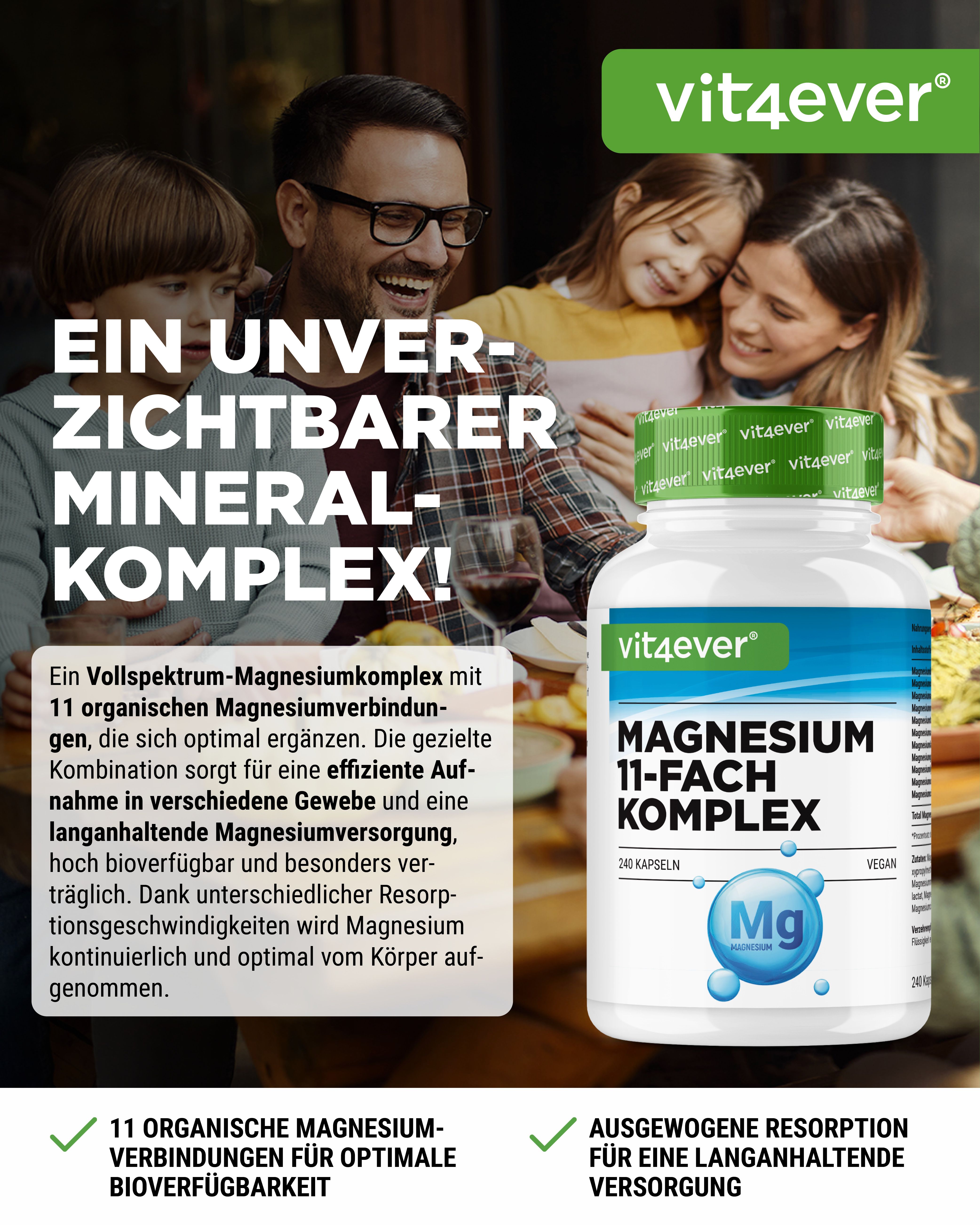 Familie mit Flasche. Flasche: vit4ever, Magnesium 11-Fach Komplex, 240 Kapseln, vegan. Text: Ein unverzichtbarer Mineralkomplex!