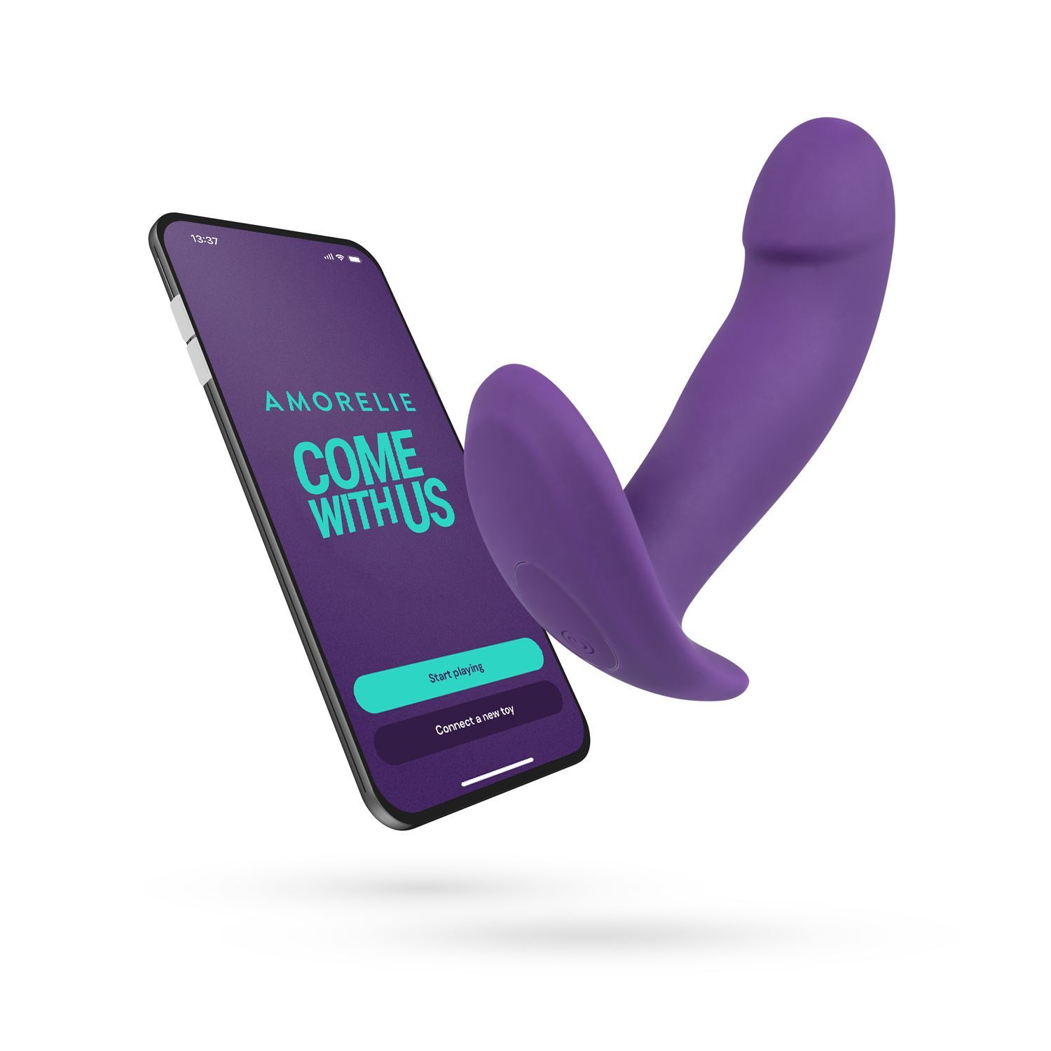 Lila Vibrator mit Smartphone. Auf dem Bildschirm: AMORELIE, COME WITH US. Mit Start- und Verbindungsoptionen.