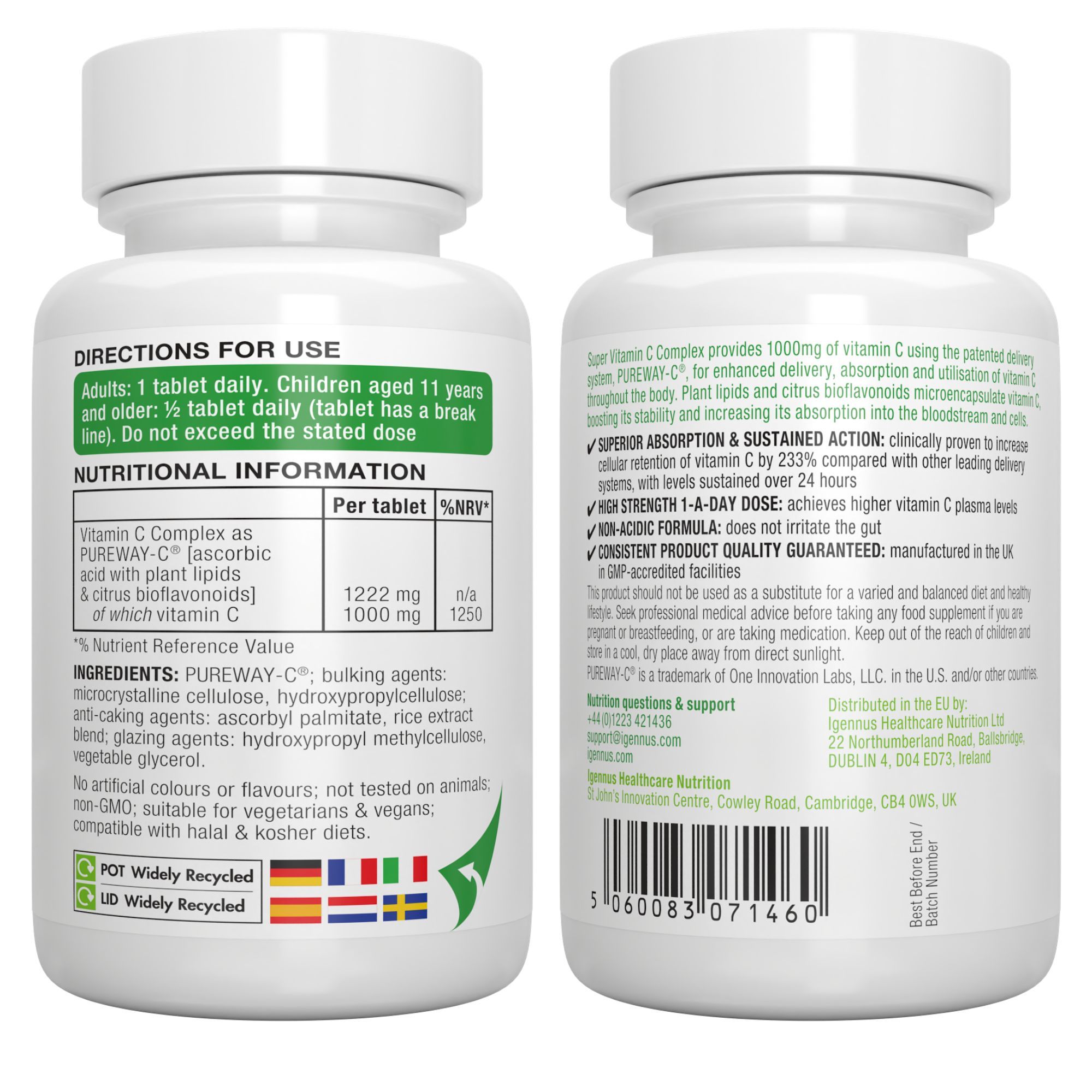 Vorder- und Rückseite der Igennus Super Vitamin C Komplex Flasche.