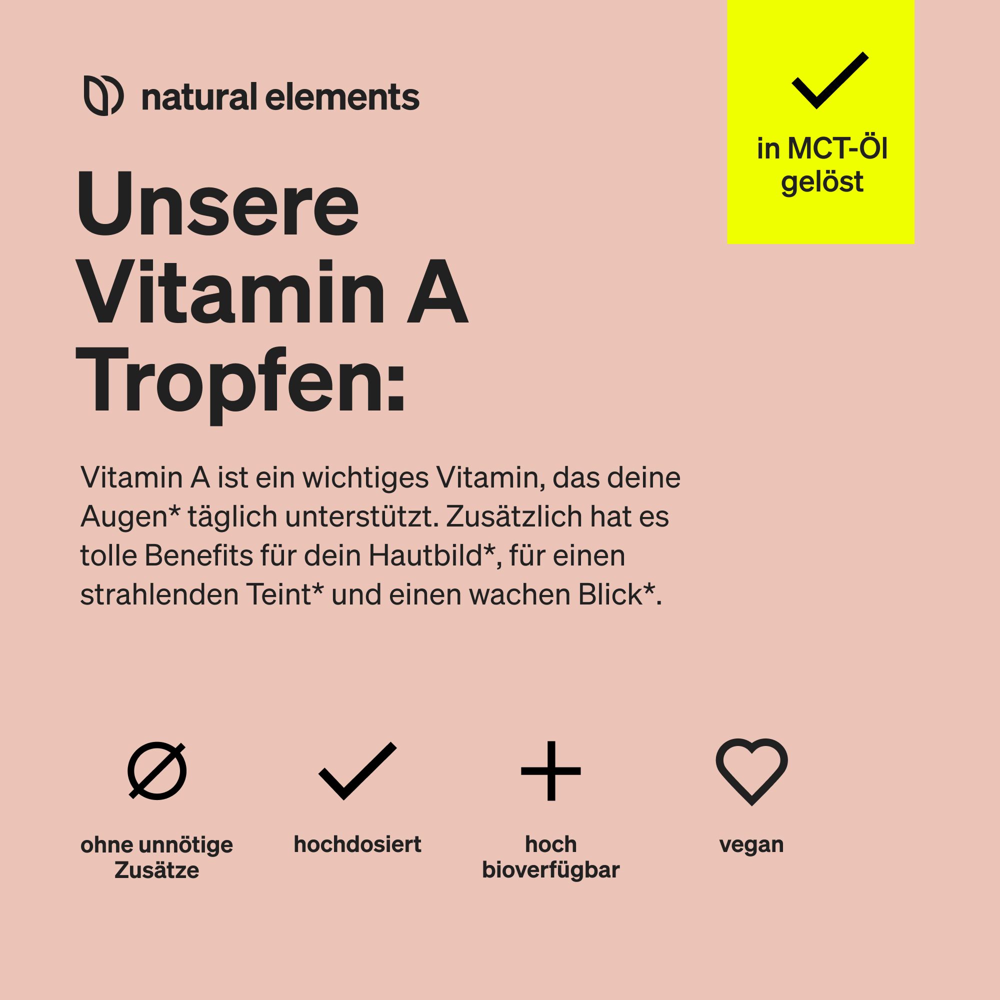 Rosa Hintergrund mit Text: "Unsere Vitamin A Tropfen:". Icons: ohne Zusätze, hochdosiert, hoch bioverfügbar, vegan. Gelbes Feld: in MCT-Öl gelöst.