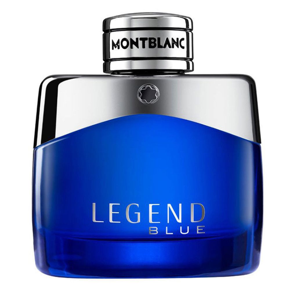 Blauer Montblanc Legend Blue EdP-Flakon. Silberne Kappe. Produktname und Markenlogo.