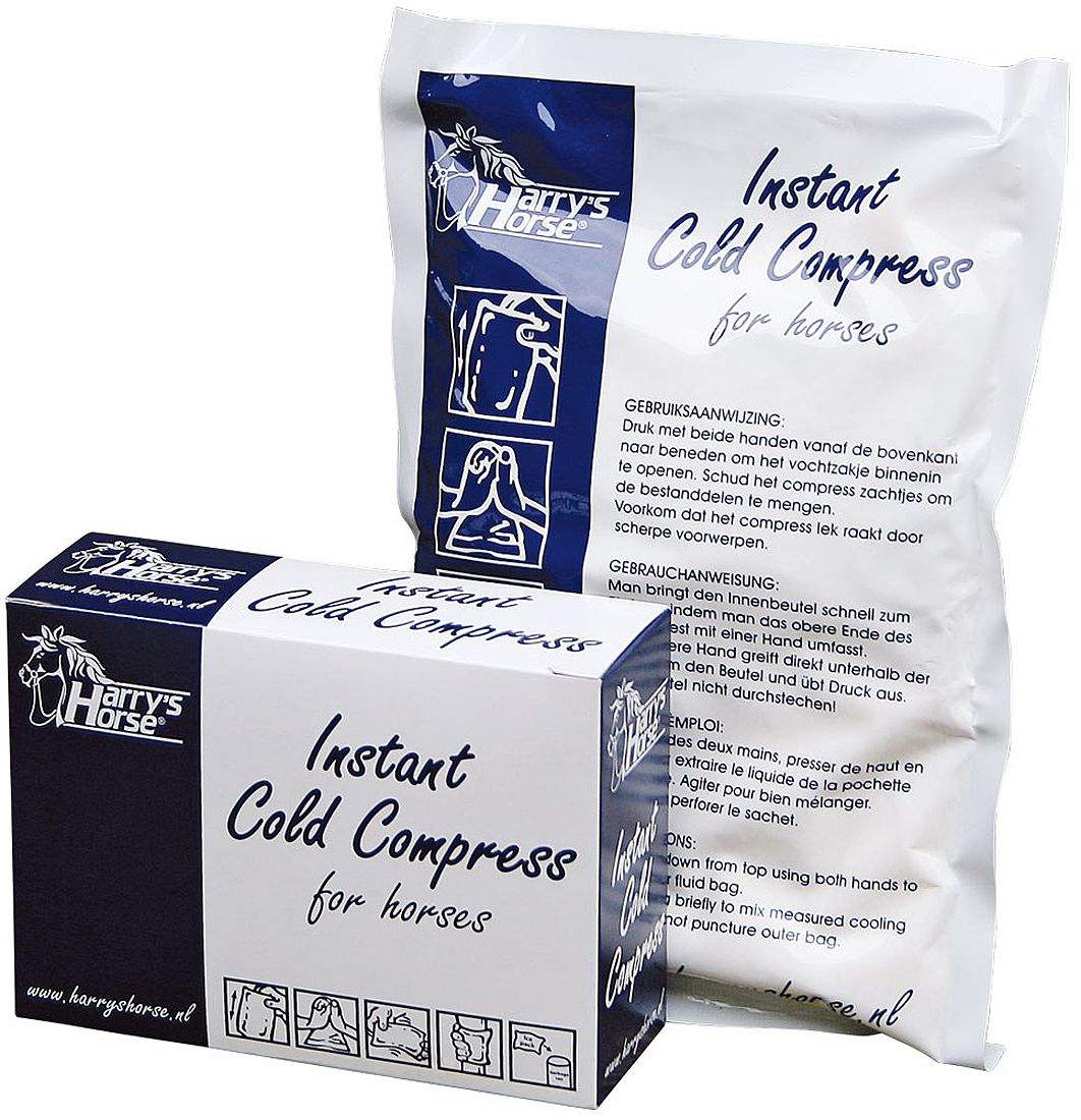 Verpackung und Beutel der Harrys Horse Sofort Kälte Kompresse. Blaue und weiße Verpackung mit Produktnamen und Gebrauchsanweisung.