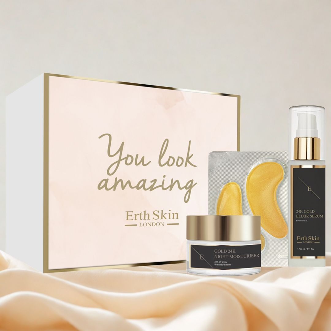 Geschenkbox-Set mit Hautpflegeprodukten. Enthält Creme, Serum, Augenpads. Goldfarbene Akzente. Text: "You look amazing", "Erth Skin London".