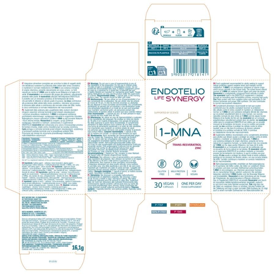 Geöffnete Verpackung. Endotelio Life Synergy, 1-MNA, Trans-Resveratrol, Zink. 30 Kapseln. Glutenfrei, Milchproteinfrei, Vegan.