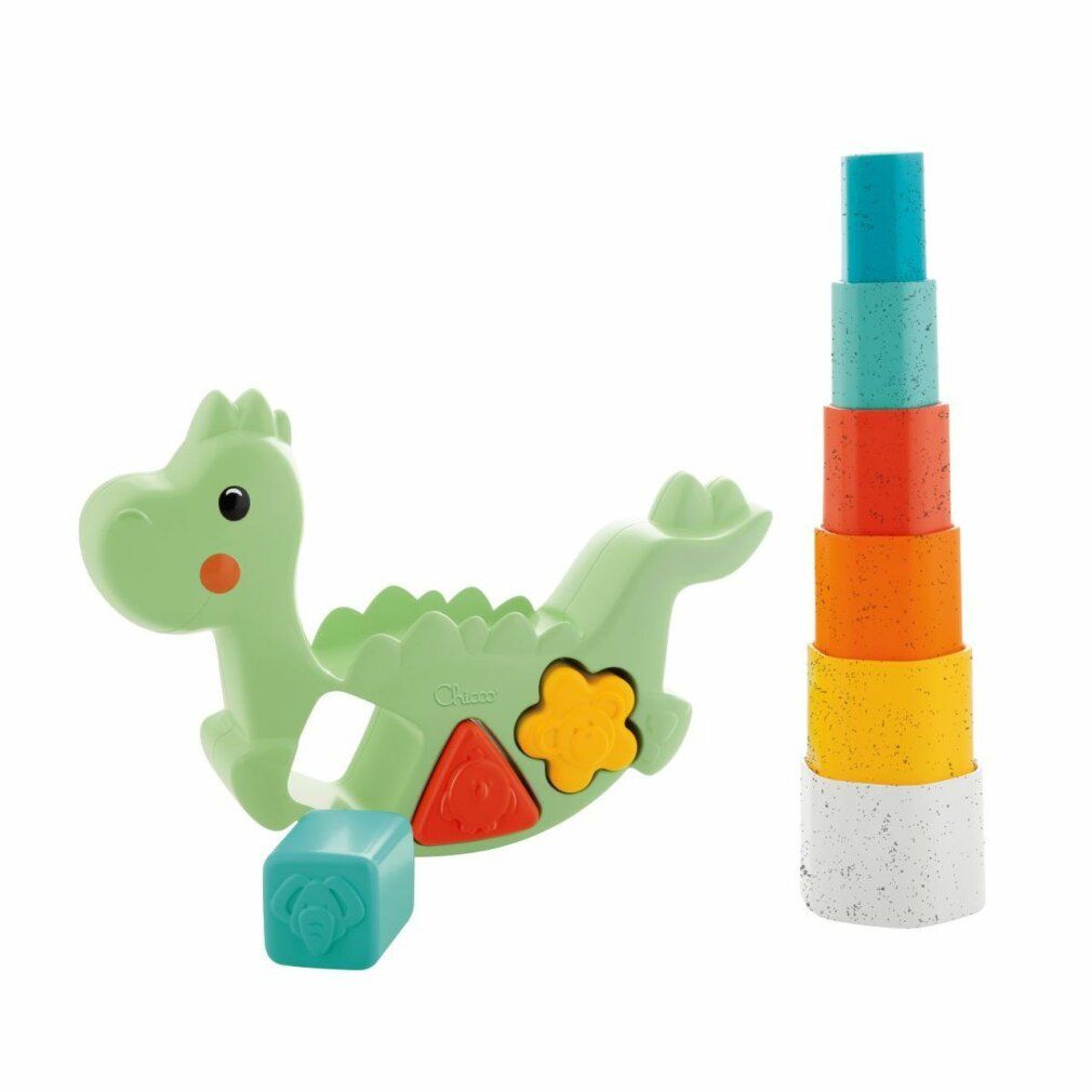 Grüner Dino mit Formen und Stapelturm. Formen in verschiedenen Farben und Formen. Spielzeug für Kleinkinder.