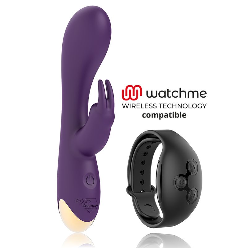 Lila Rabbit Vibrator mit Fernbedienung. Ergonomisches Design. Schwarze Fernbedienung mit Knöpfen. Marke: watchme.