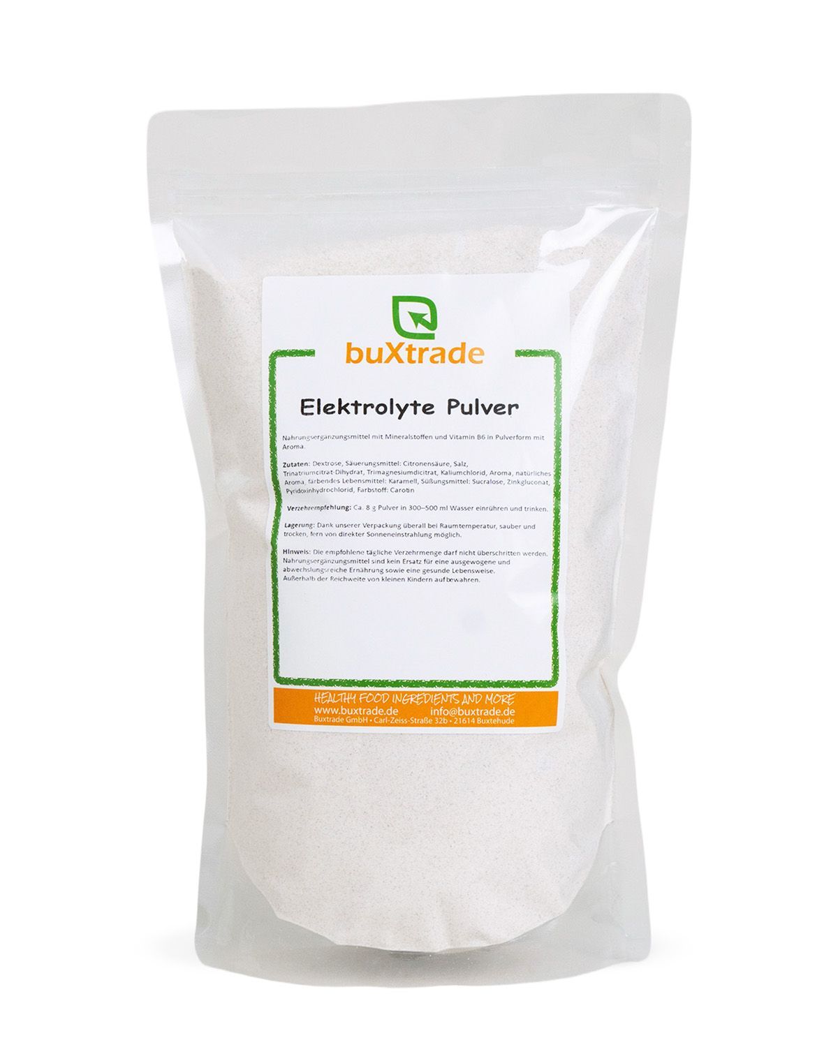 Ein Beutel buXtrade Elektrolyte Pulver mit Nährwertangaben und Zutatenliste.
