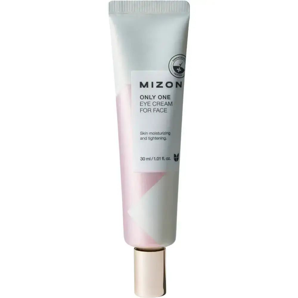 MIZON Augencreme-Tube. Weiß-beige Tube mit rosa Akzenten. Produktname und Details sind sichtbar.