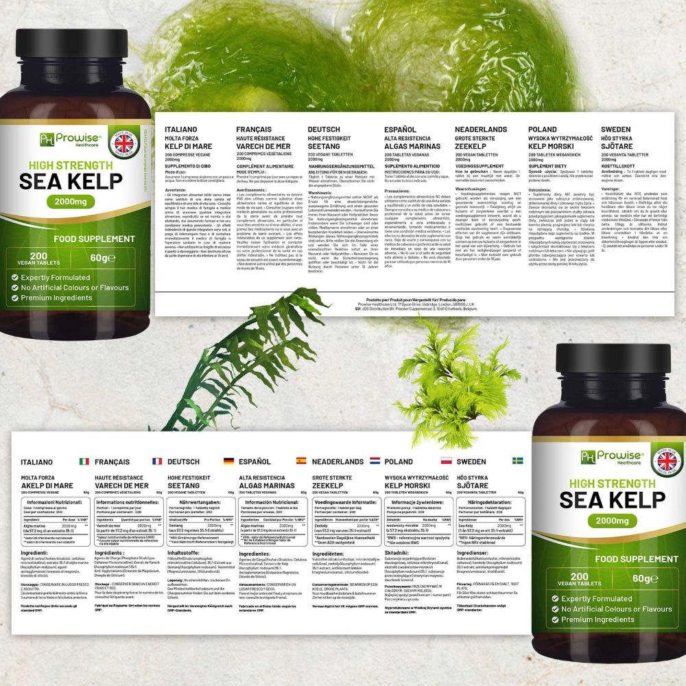 Zwei Flaschen mit Sea Kelp und Informationskarten. Text: High Strength Sea Kelp 2000mg. 200 vegane Tabletten. Food Supplement.