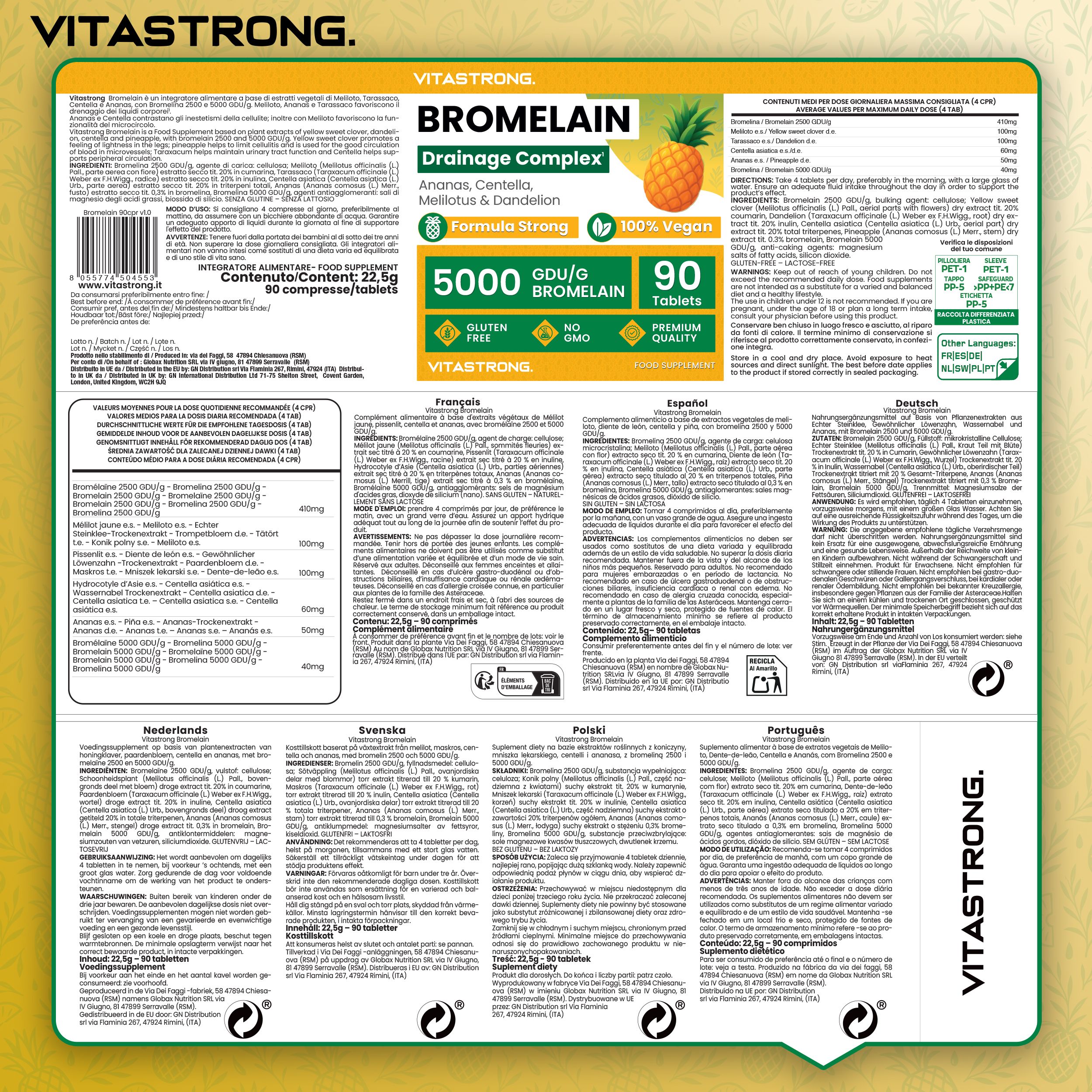 Vitastrong Bromelain 5000 GDU – 90 Tabletten, unterstützt die Entwässerung und hilft bei Cellulite