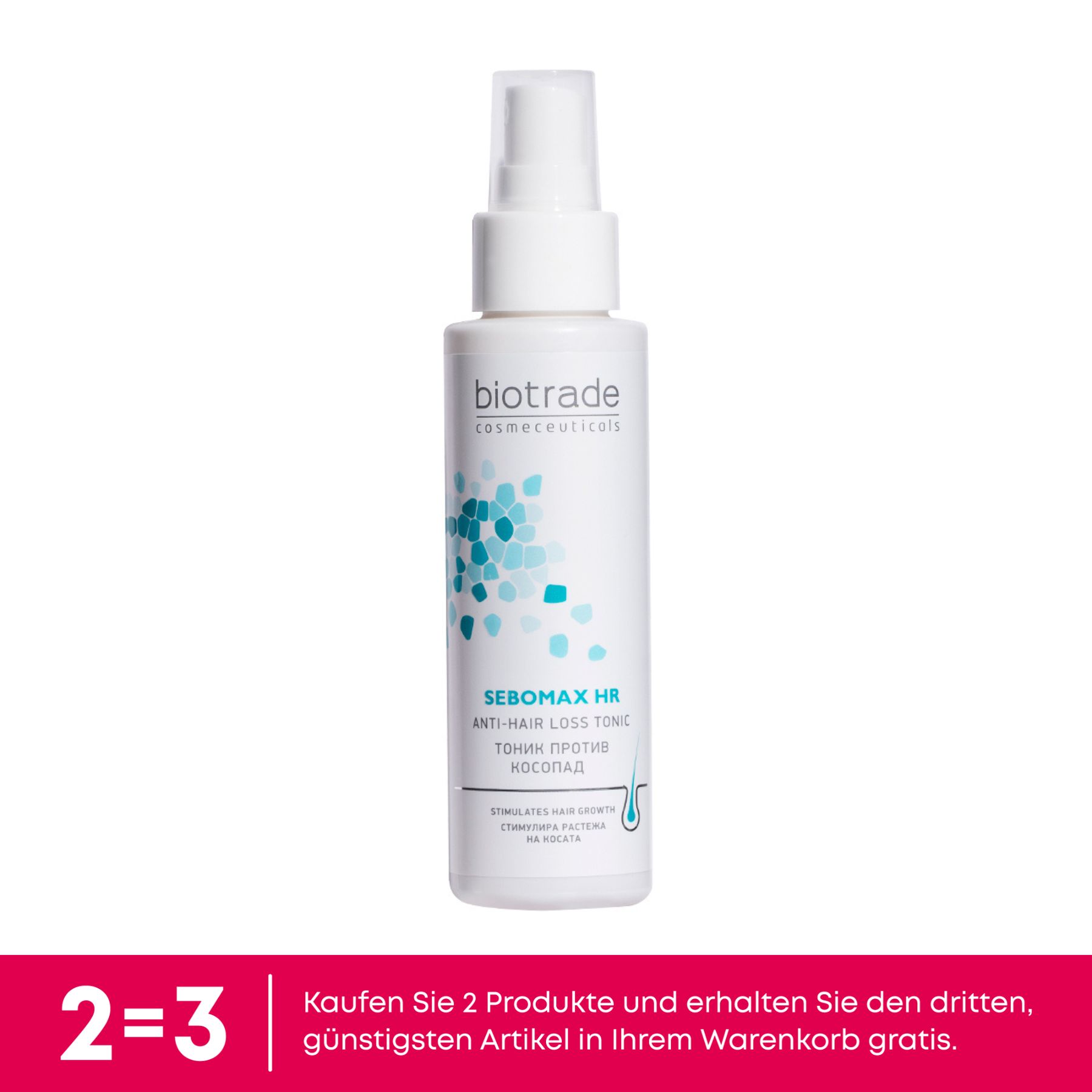 Weiße Flasche mit Sprühkopf. Aufschrift: biotrade, SEBOMAX HR Anti-Haarausfall-Tonic. Türkise und blaue Grafik. Text: Stimuliert das Haarwachstum.