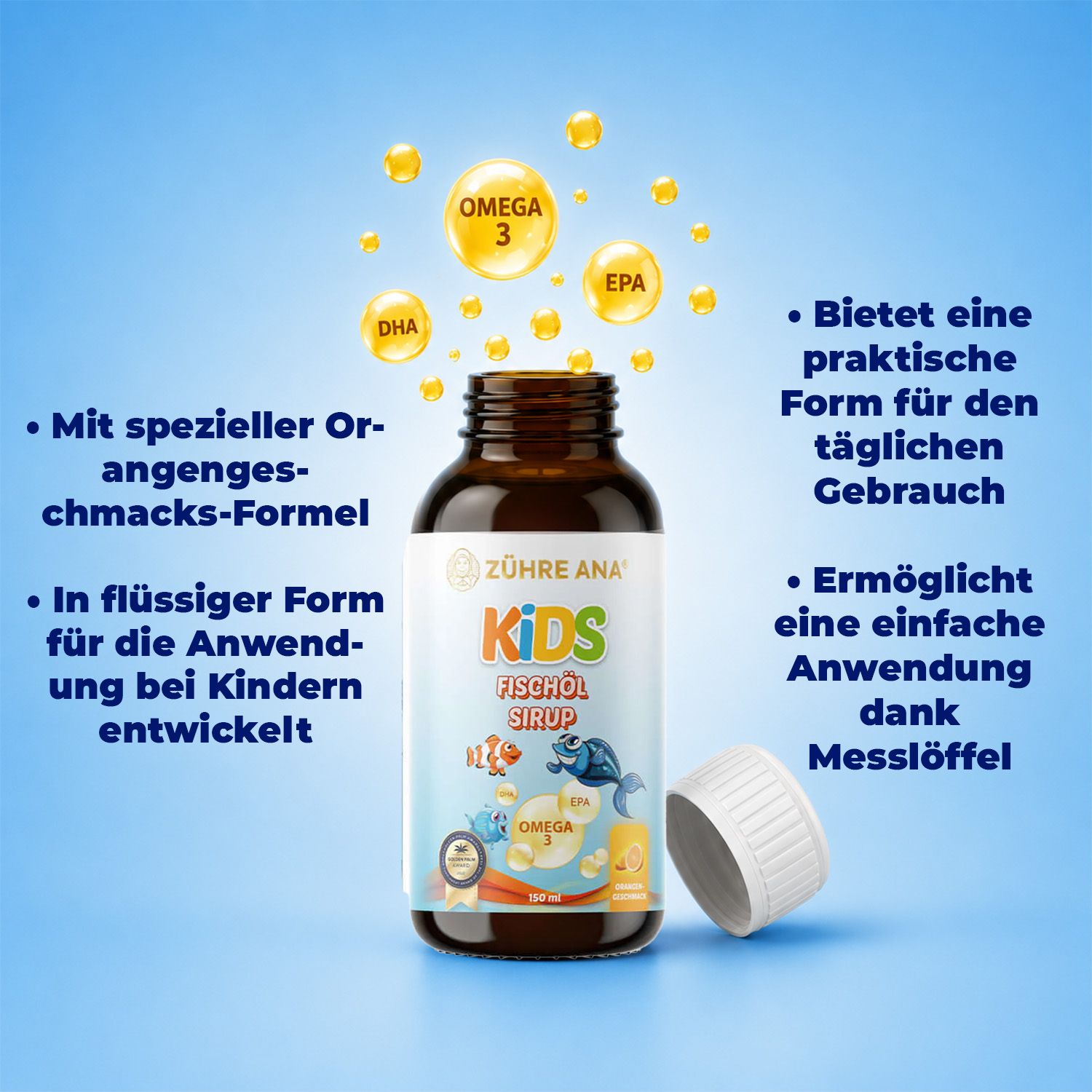 Zühre Ana Kids Fischöl Sirup Flasche mit abgenommenem Deckel, Omega-3-Tropfen und Anwendungshinweisen.