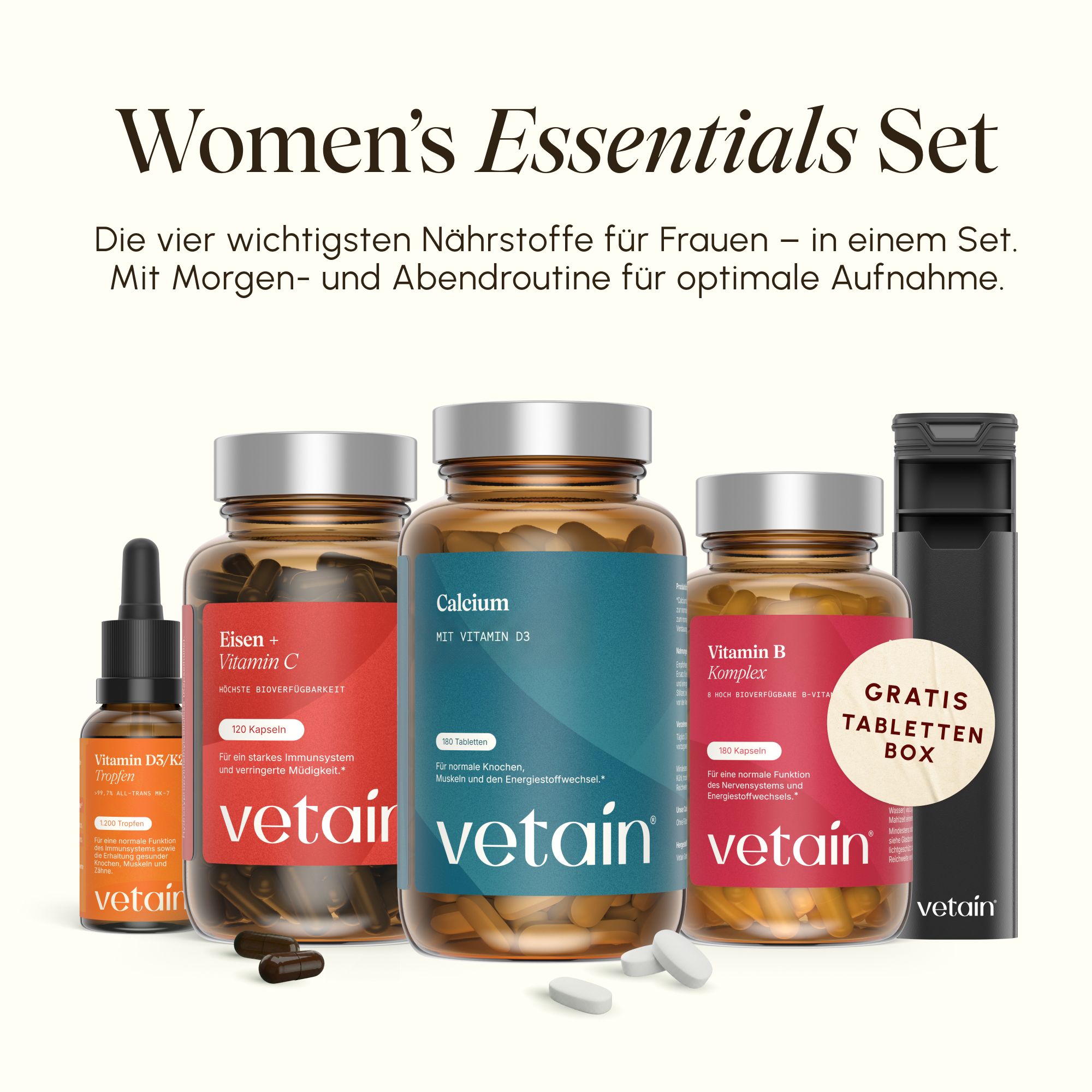 VETAIN Women's Essentials Set mit vier Produkten und Pillendose.