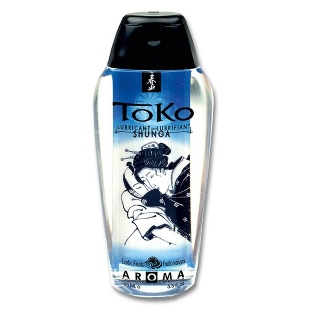 Flüssiges Gleitmittel in einer Flasche mit schwarzem Deckel. Aufschrift: Toko, Shunga, Aroma Exotic Fruits. Abbildung: Frau.