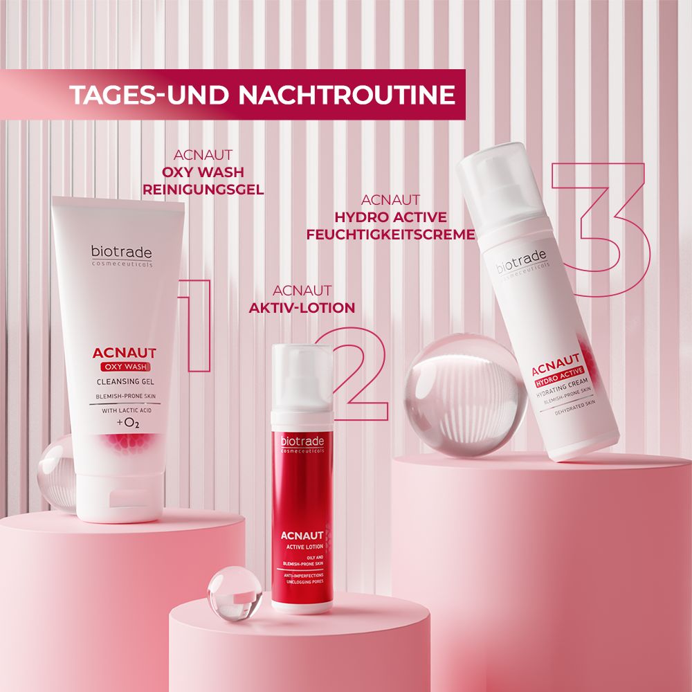Drei Produkte auf rosa Hintergrund. Text: Tages- und Nachtroutine, Acnaut Oxy Wash, Acnaut Aktiv-Lotion, Acnaut Hydro Active Feuchtigkeitscreme.
