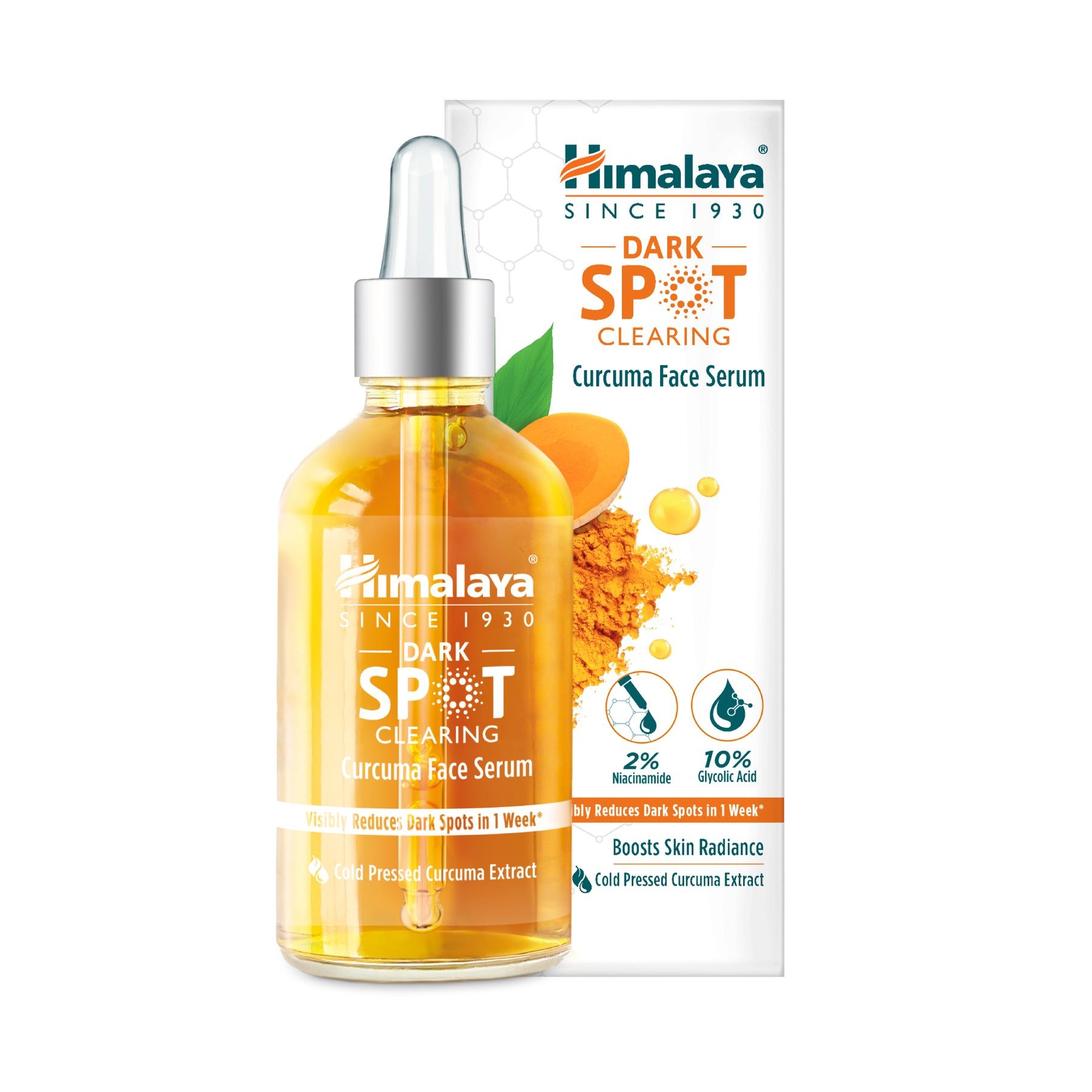 Gesichtsserum-Flasche mit Pipette und Verpackung. Aufschrift: Himalaya Dark Spot Clearing Curcuma Face Serum. Enthält 2% Niacinamid.